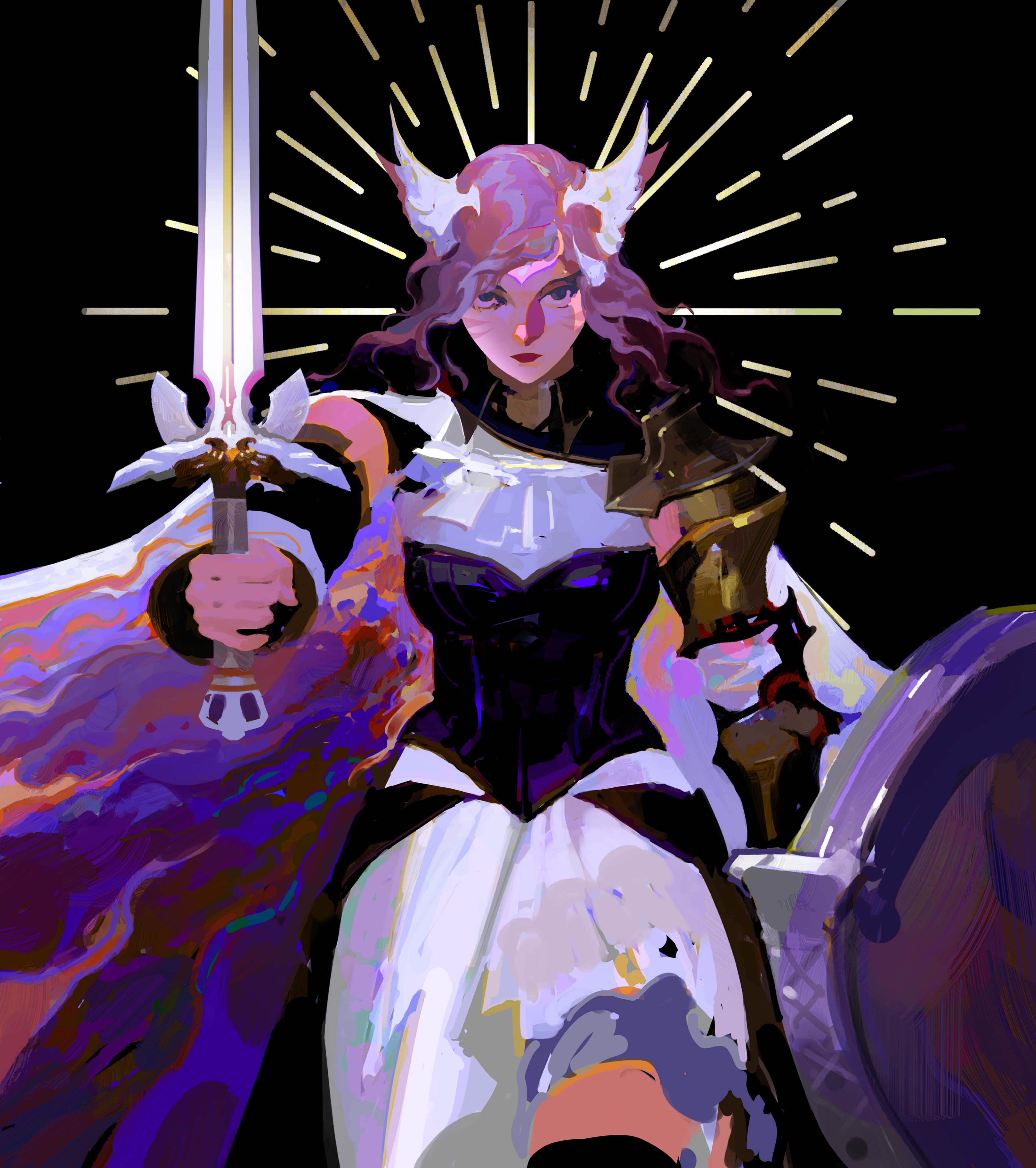 Final Fantasy Paladin, purple hair, white horns, 4K Phone Wallpaper