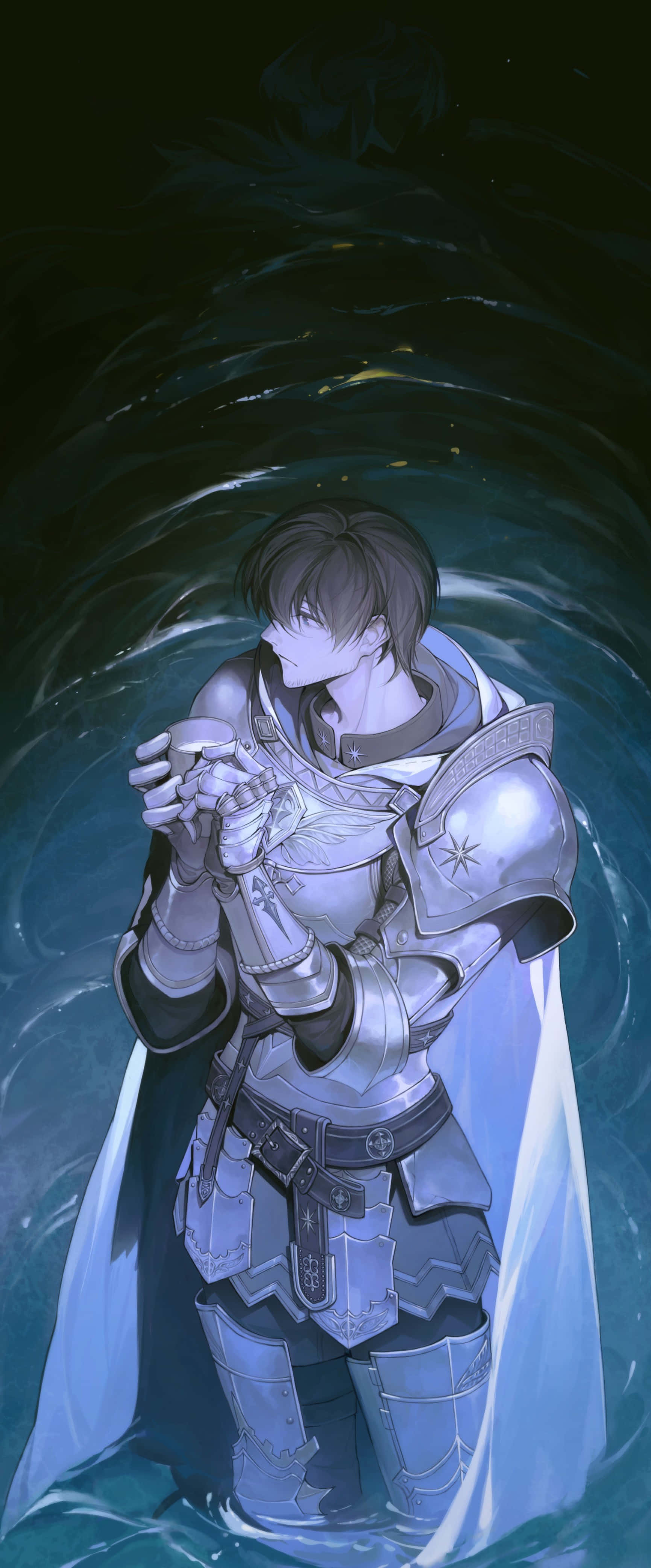 Final Fantasy Paladin, silver armor, swirling teal water, 4K Phone Wallpaper