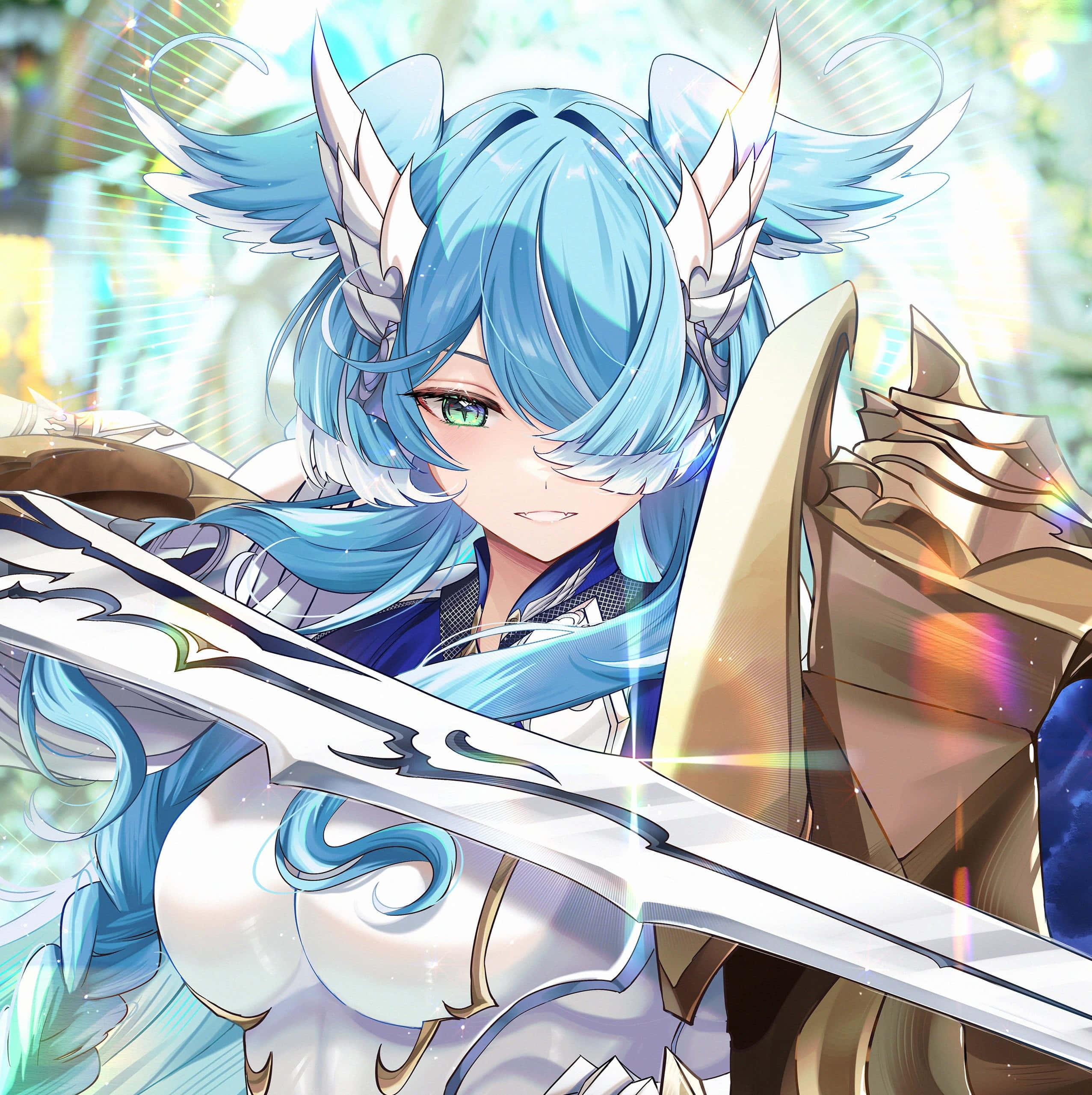 blue-haired, anime warrior, winged horns, 2K Phone Wallpaper