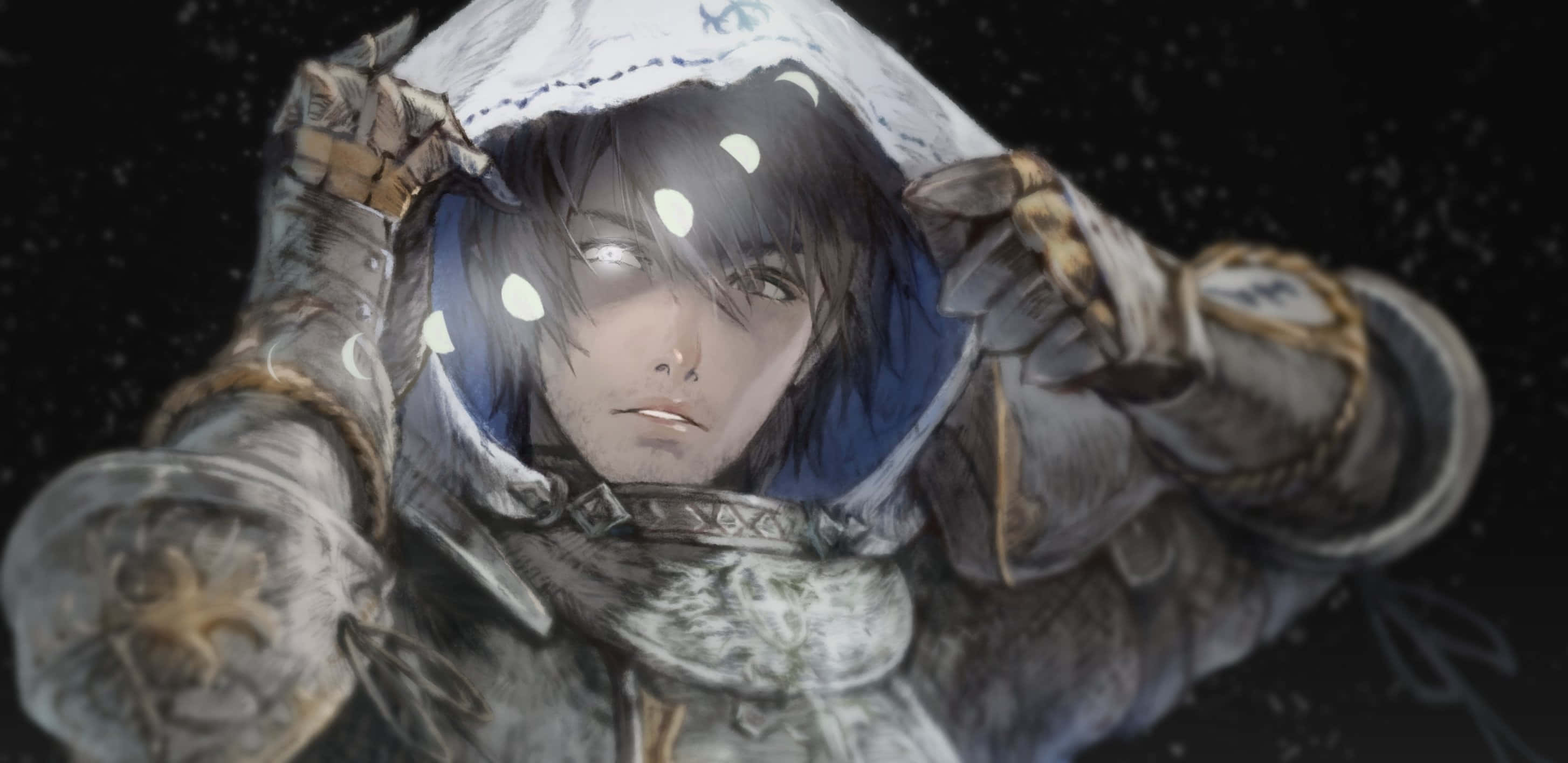 Final Fantasy Paladin, snowy night, hooded armored figure, 2K Desktop Wallpaper