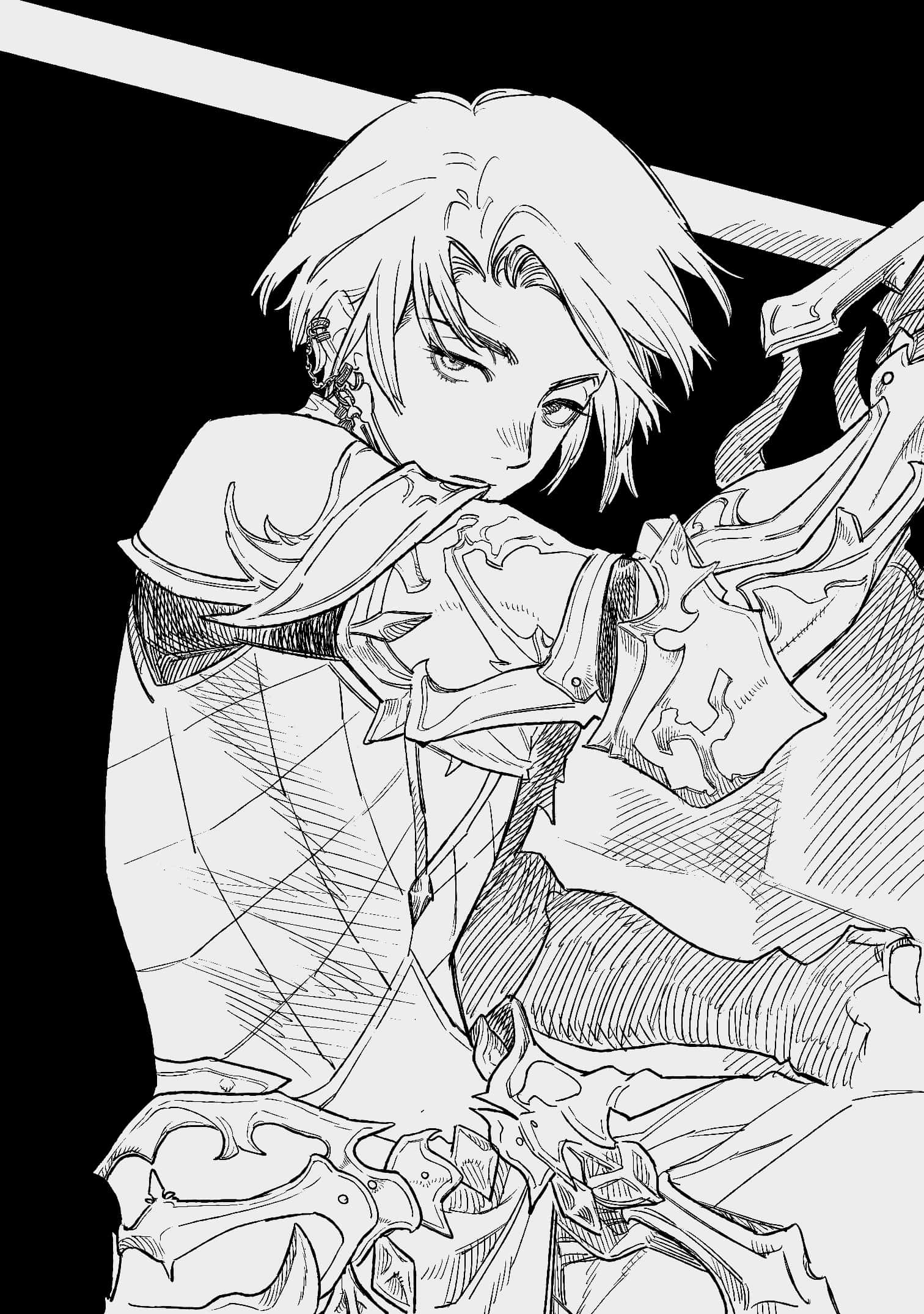 Final Fantasy Paladin, black and white line art, anime-style warrior, Full HD Phone Wallpaper