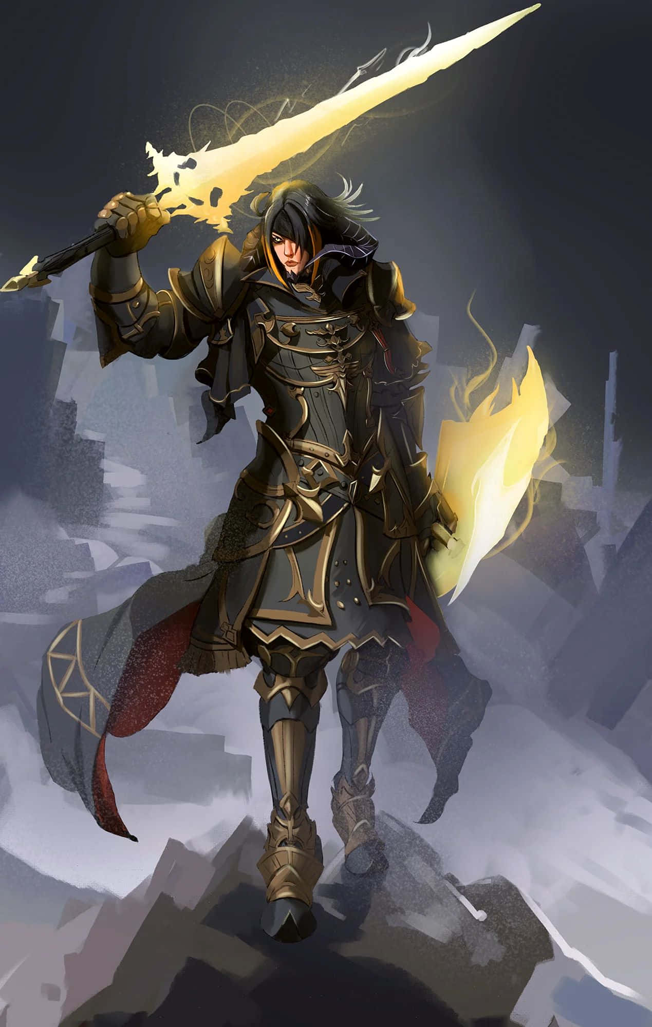 Final Fantasy Paladin, flaming sword, golden armor, Full HD Phone Wallpaper