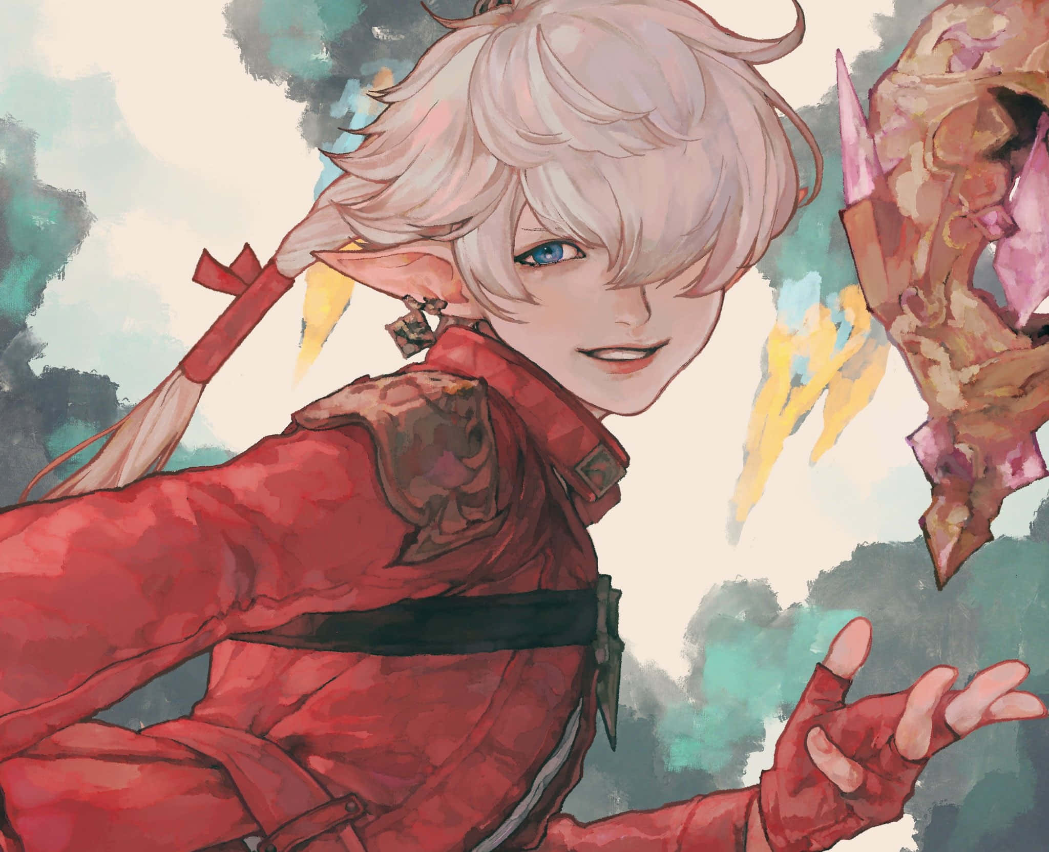 Red Mage, elf, white hair, Full HD Desktop Wallpaper