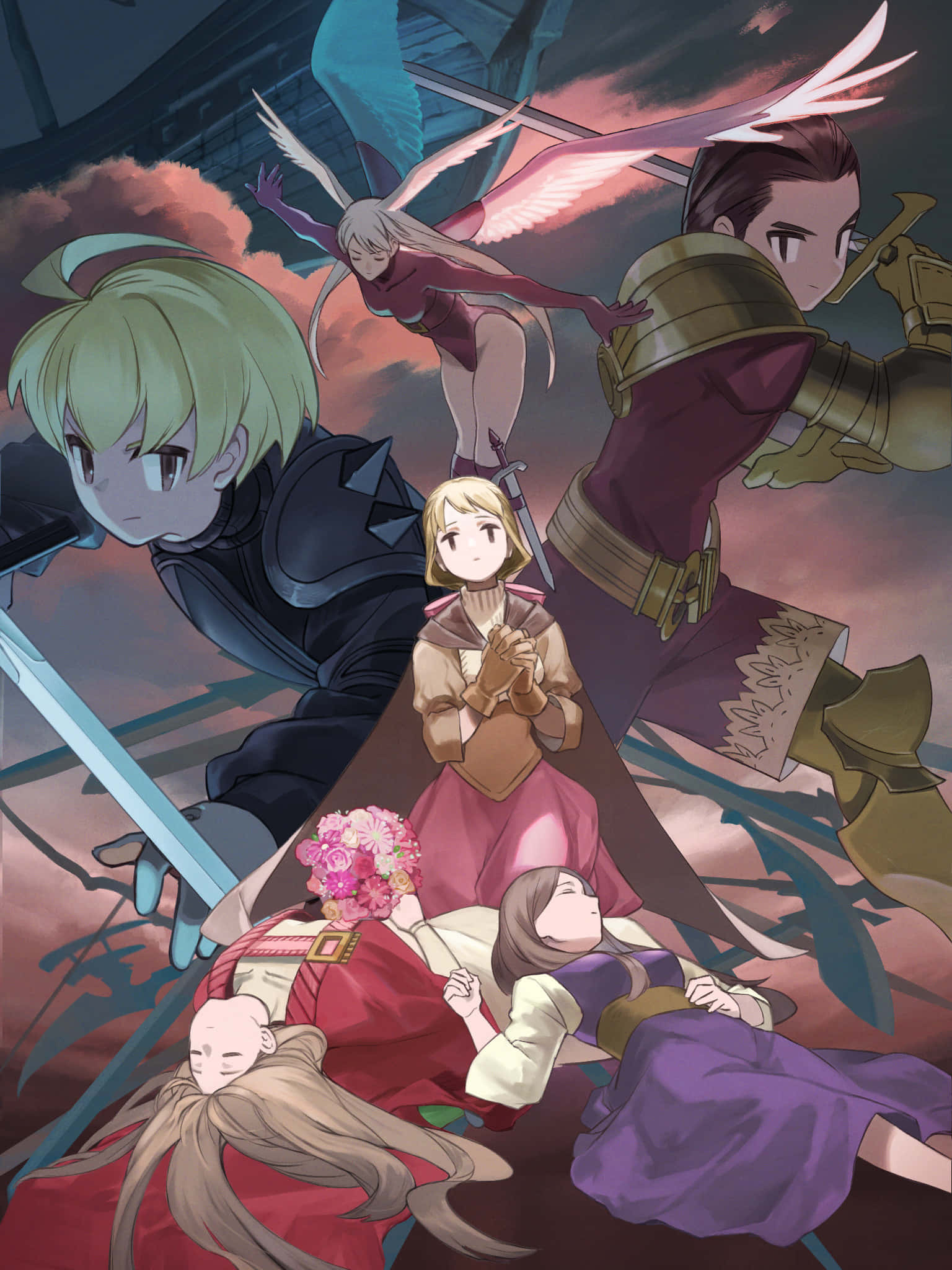 Final Fantasy Tactics, anime group of warriors, central girl with pink flowers, Full HD Phone Wallpaper