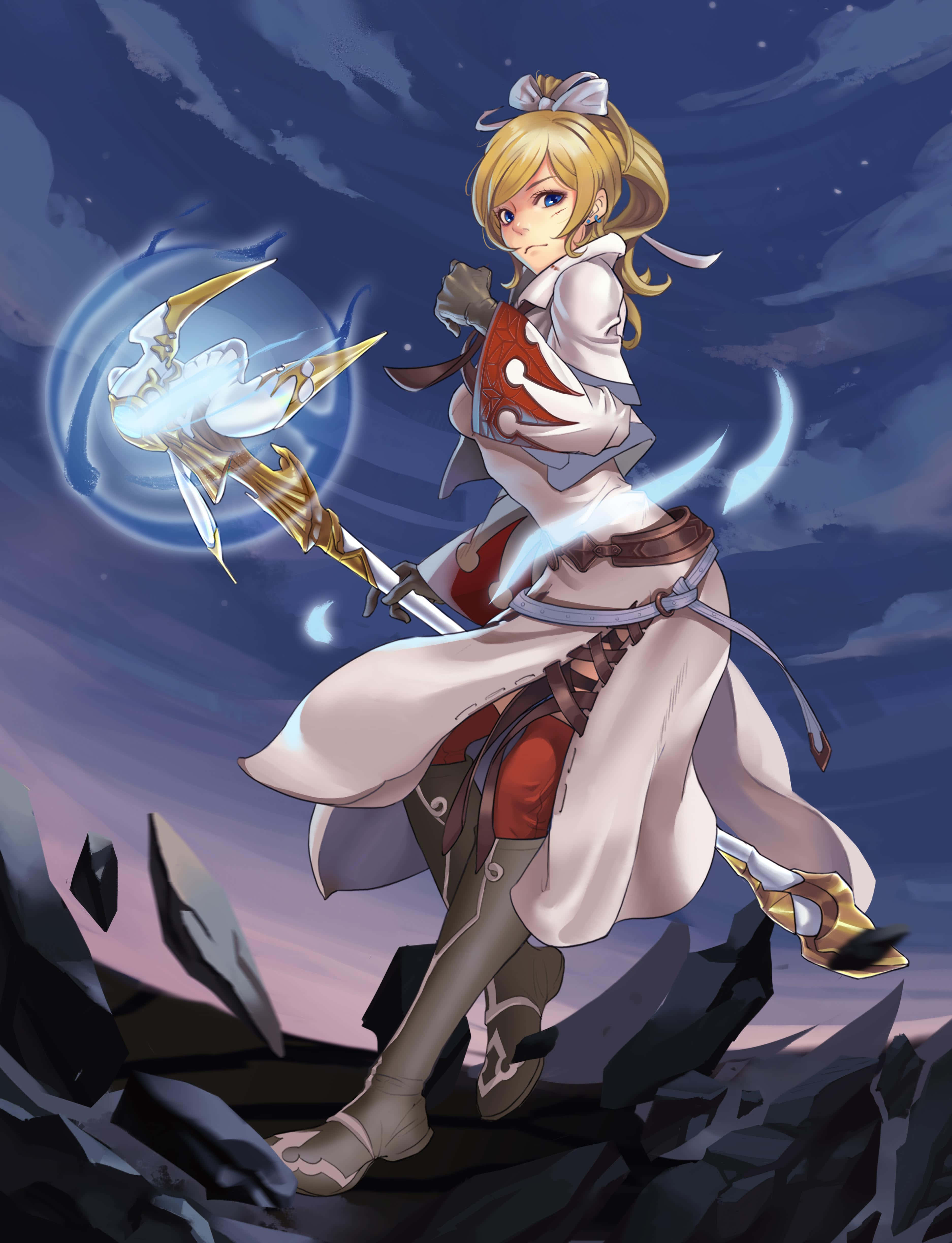 Final Fantasy White Mage, blonde anime girl, white and red armor, 4K Phone Wallpaper
