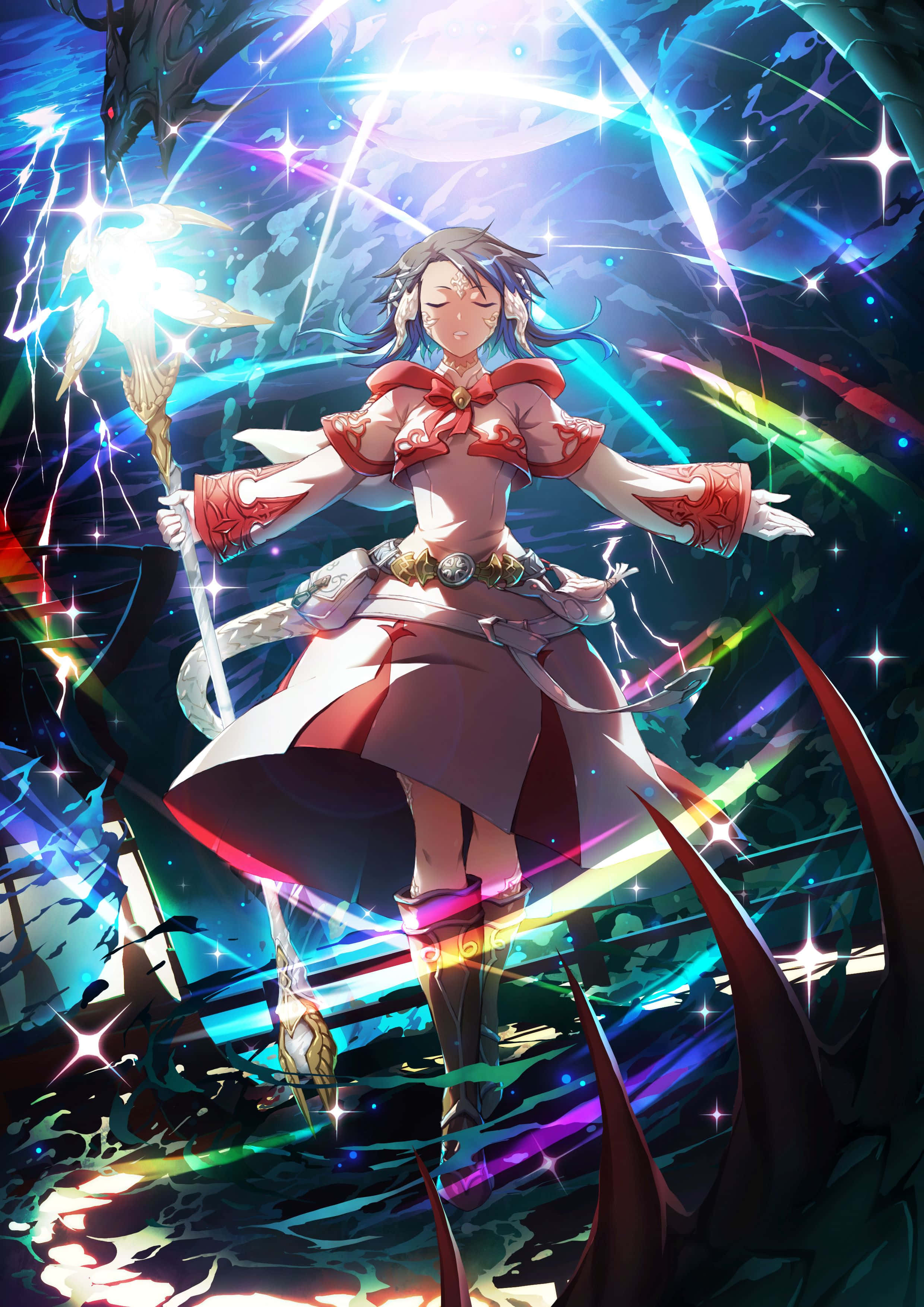Final Fantasy White Mage, red and white armor, glowing staff, 2K Phone Wallpaper