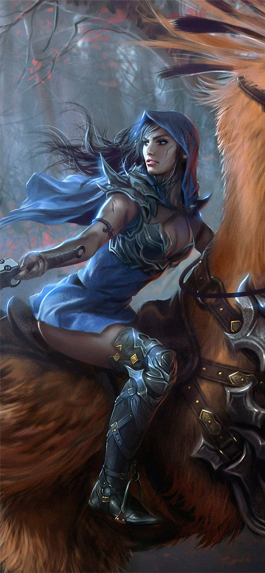 Final Fantasy XI, blue-robed warrior woman, majestic brown horse, Full HD Phone Wallpaper