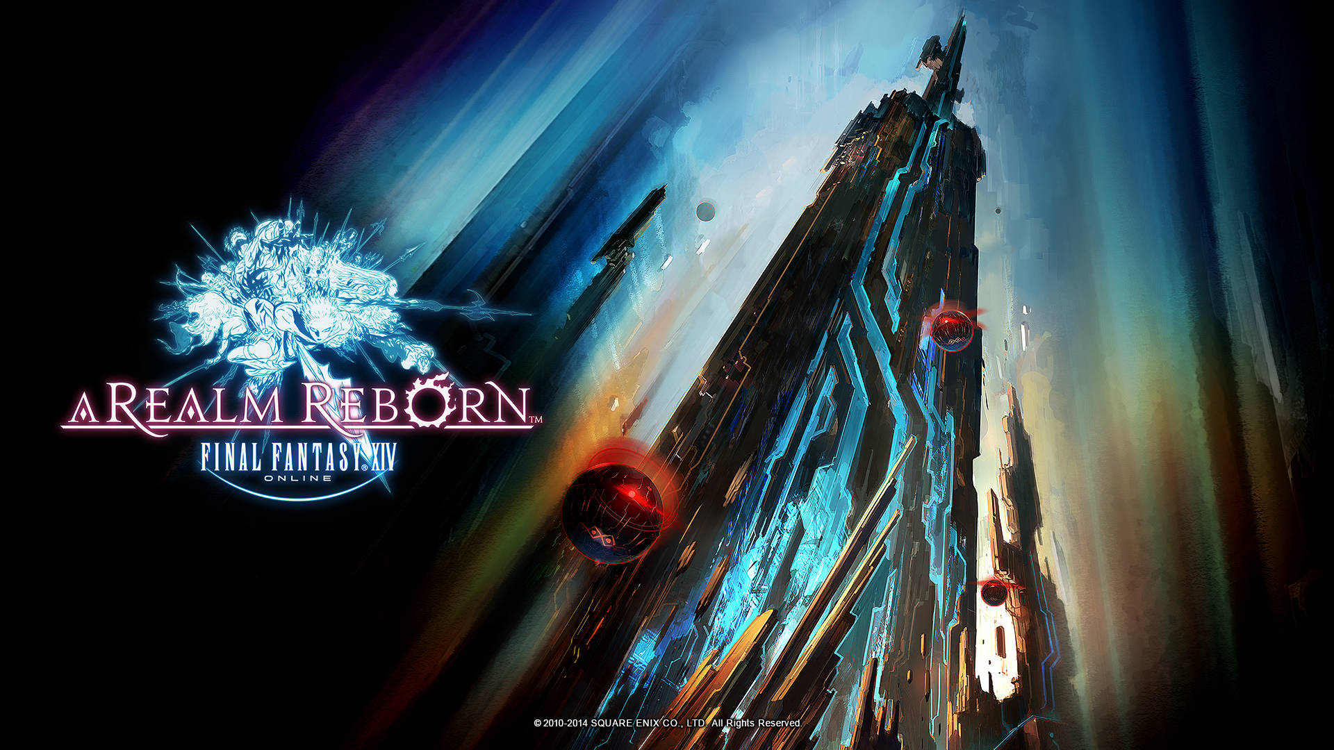 Final Fantasy XIV, tower, glowing blue circuitry, Full HD Desktop Wallpaper