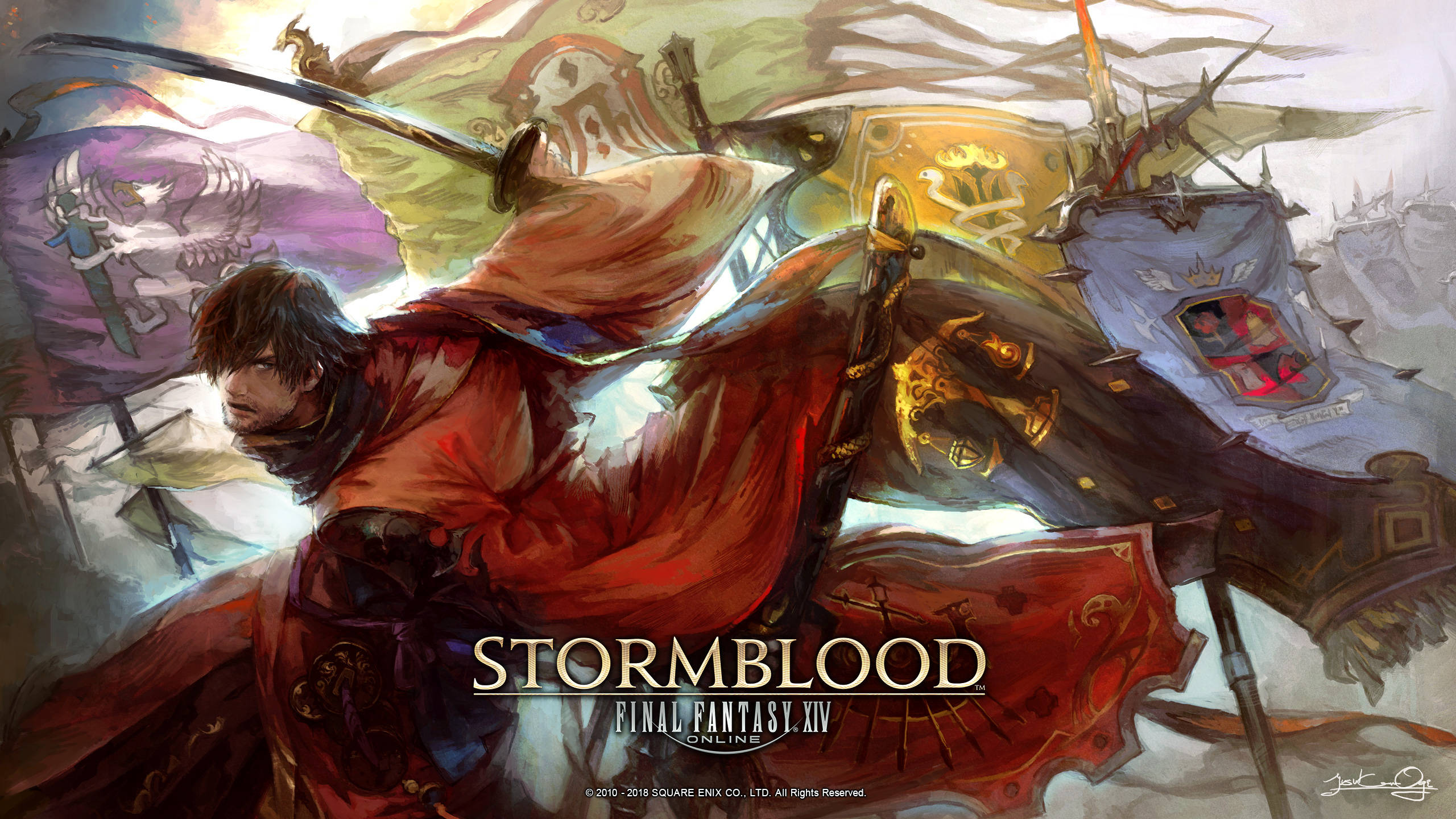 Warrior, Final Fantasy XIV, red cloak, 2K Desktop Wallpaper