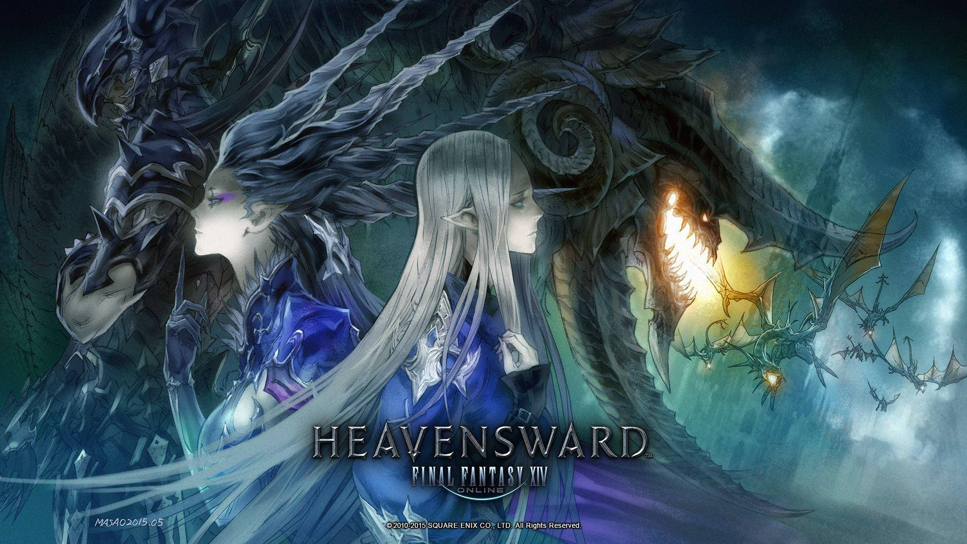 Final Fantasy XIV, silver-haired elf warrior, massive dark dragon, Full HD Desktop Wallpaper