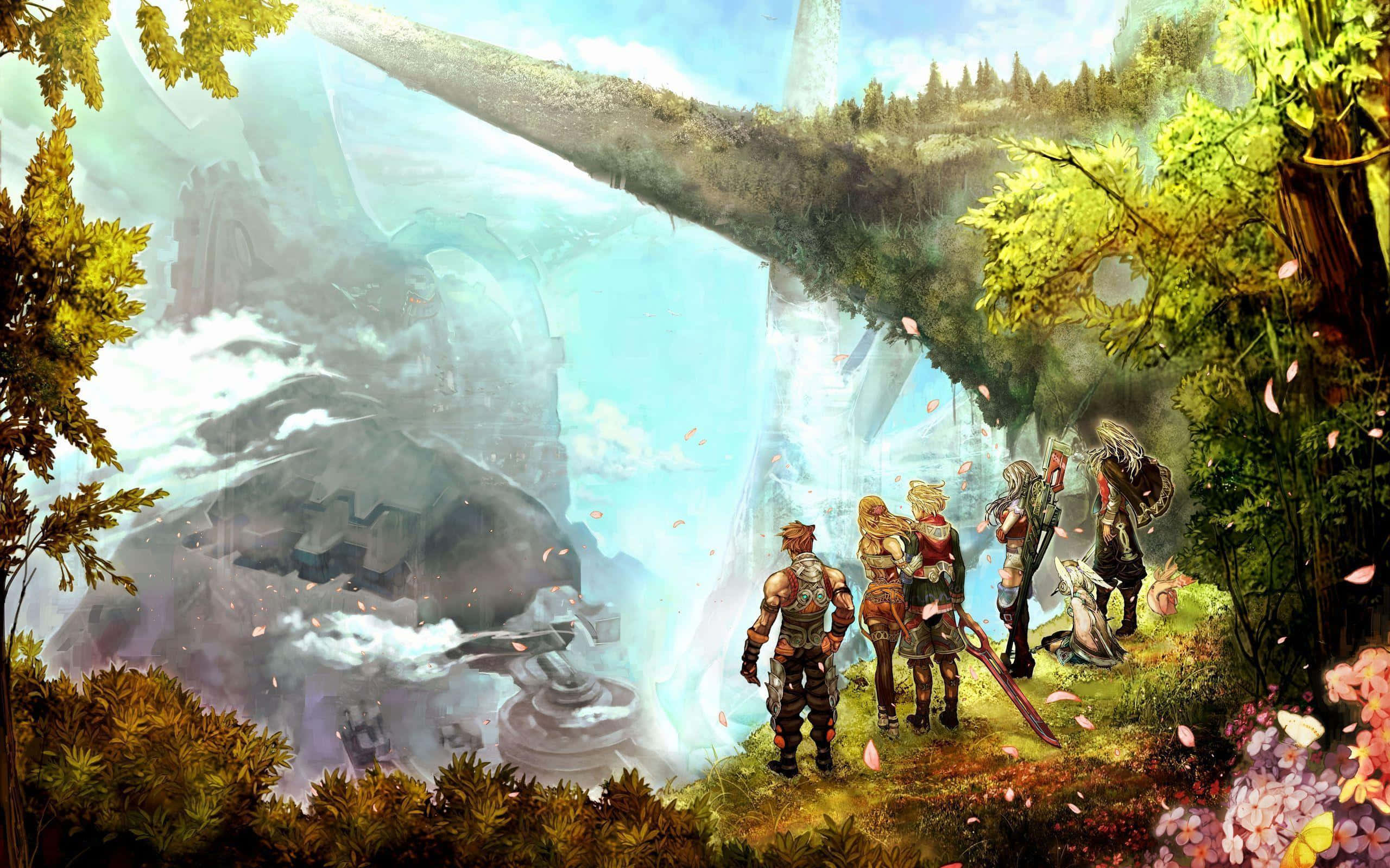 Final Fantasy XIV, fantasy group of adventurers, mossy cliff edge, 2K Desktop Wallpaper