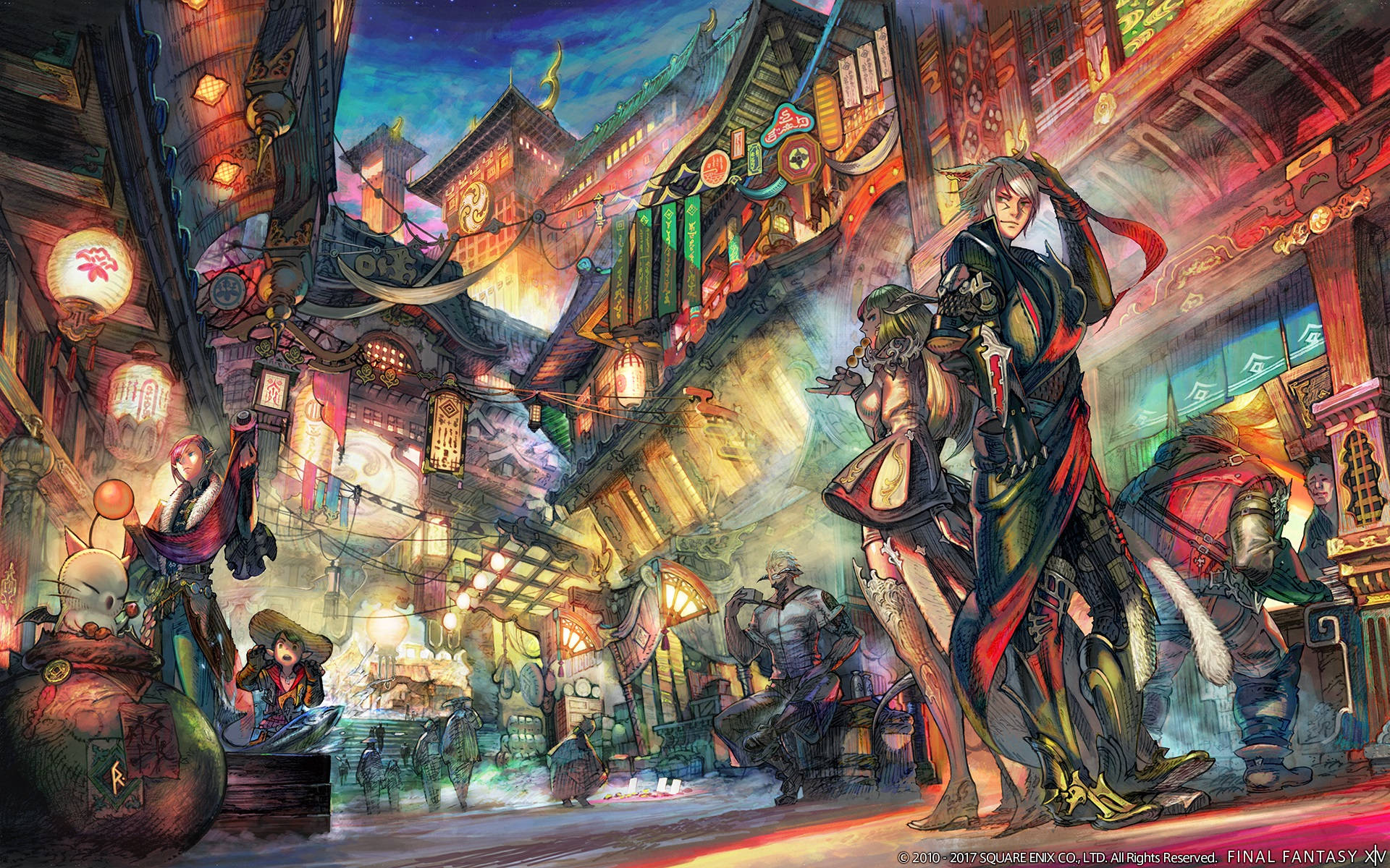 Final Fantasy XIV, neon-lit Japanese-inspired alleyway, armored warriors, Full HD Desktop Wallpaper