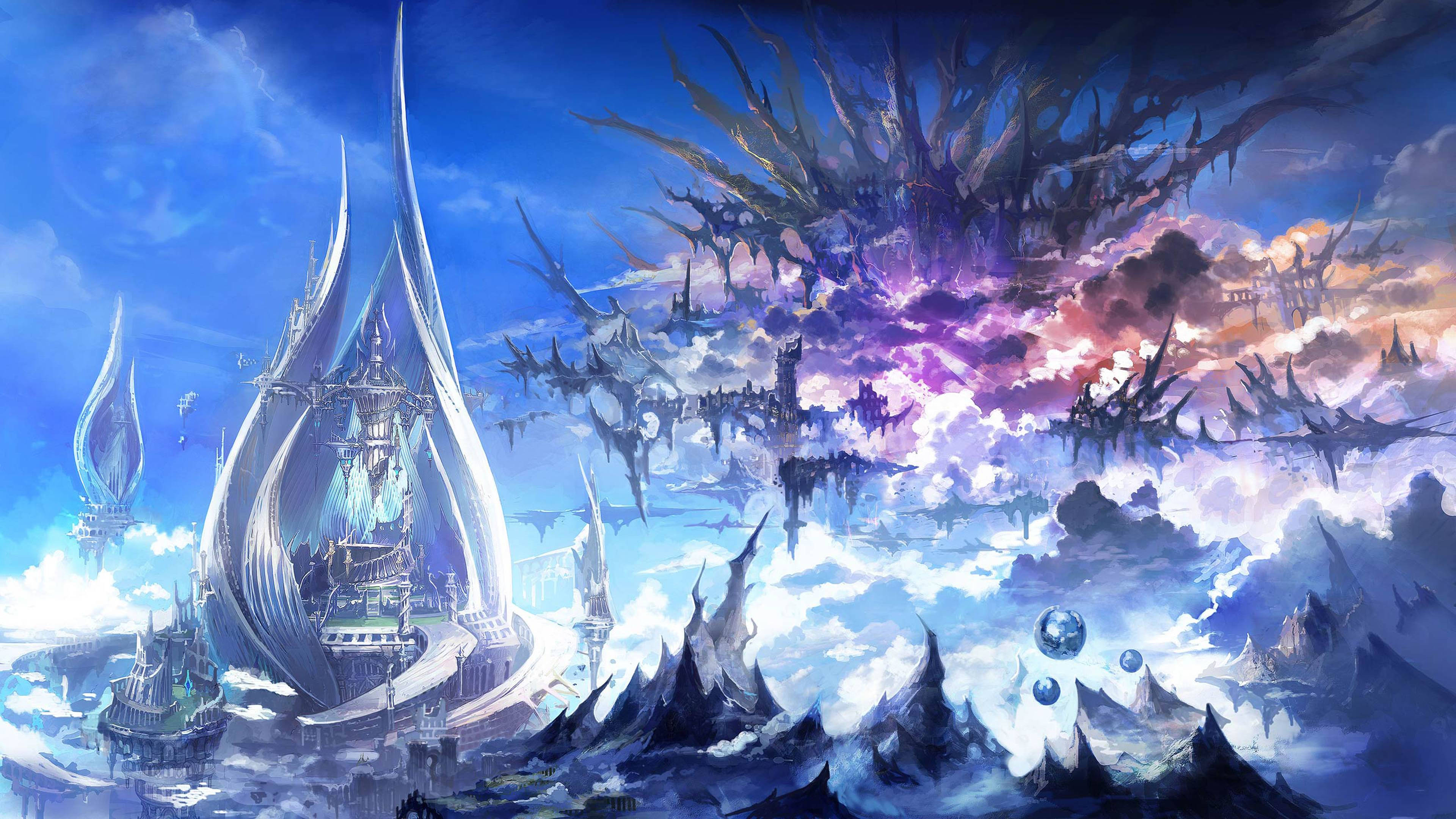 Final Fantasy XIV, floating city, spire-like towers, 4K Desktop Wallpaper