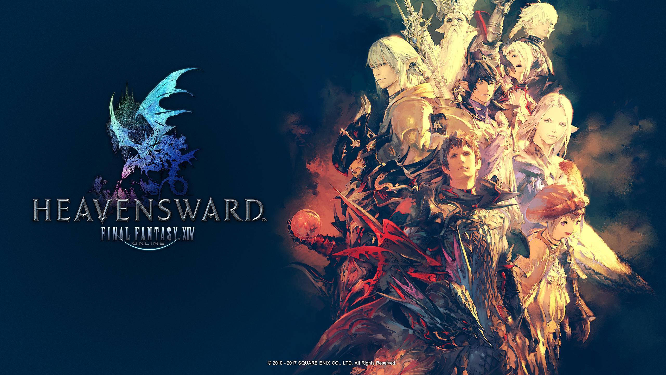 Final Fantasy XIV, armored adventurers, glowing blue dragon, 2K Desktop Wallpaper