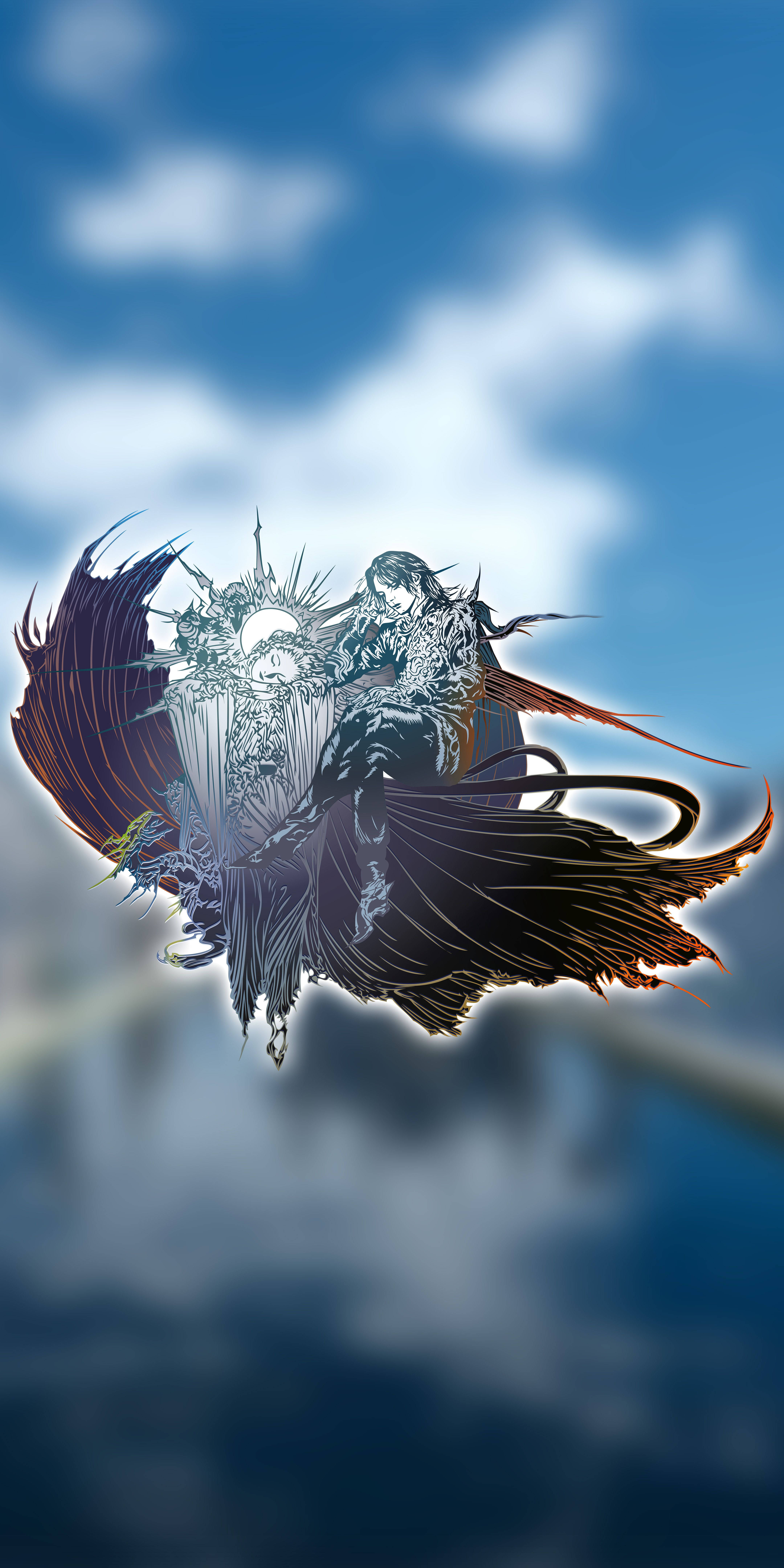 Final Fantasy XV, dark-winged anime warrior, glowing eyes, 8K Phone Wallpaper