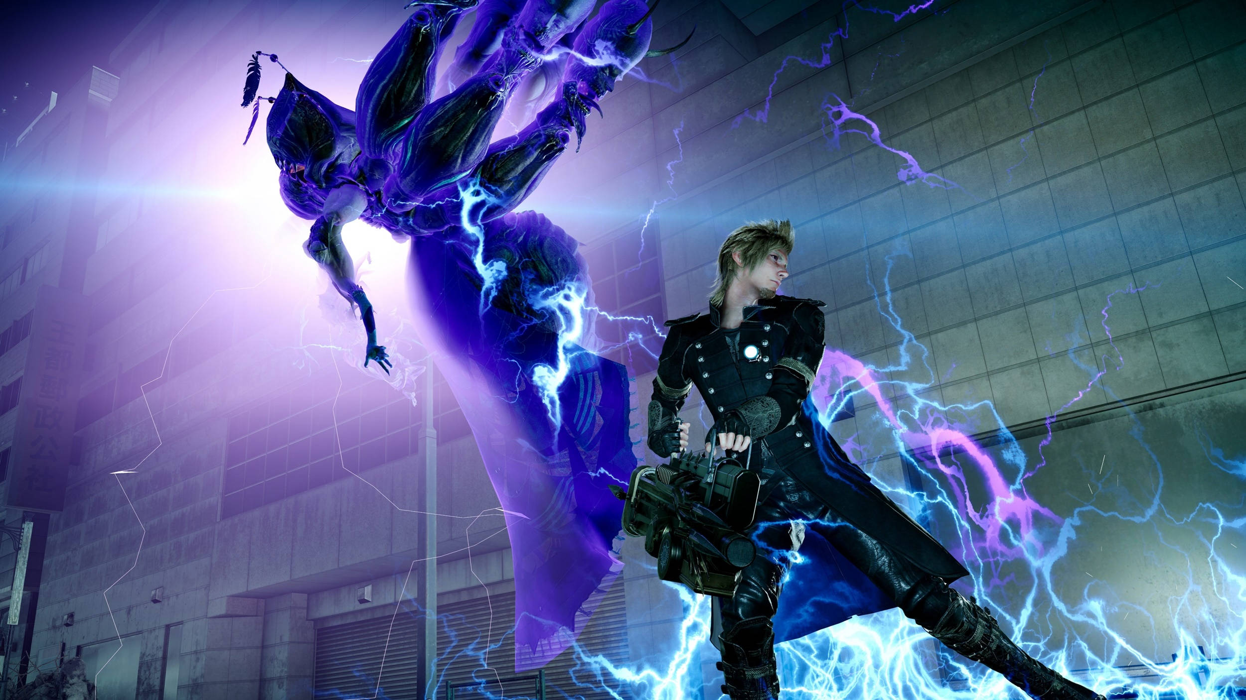 Final Fantasy XV, black armor, crackling blue and purple lightning, Full HD Desktop Wallpaper