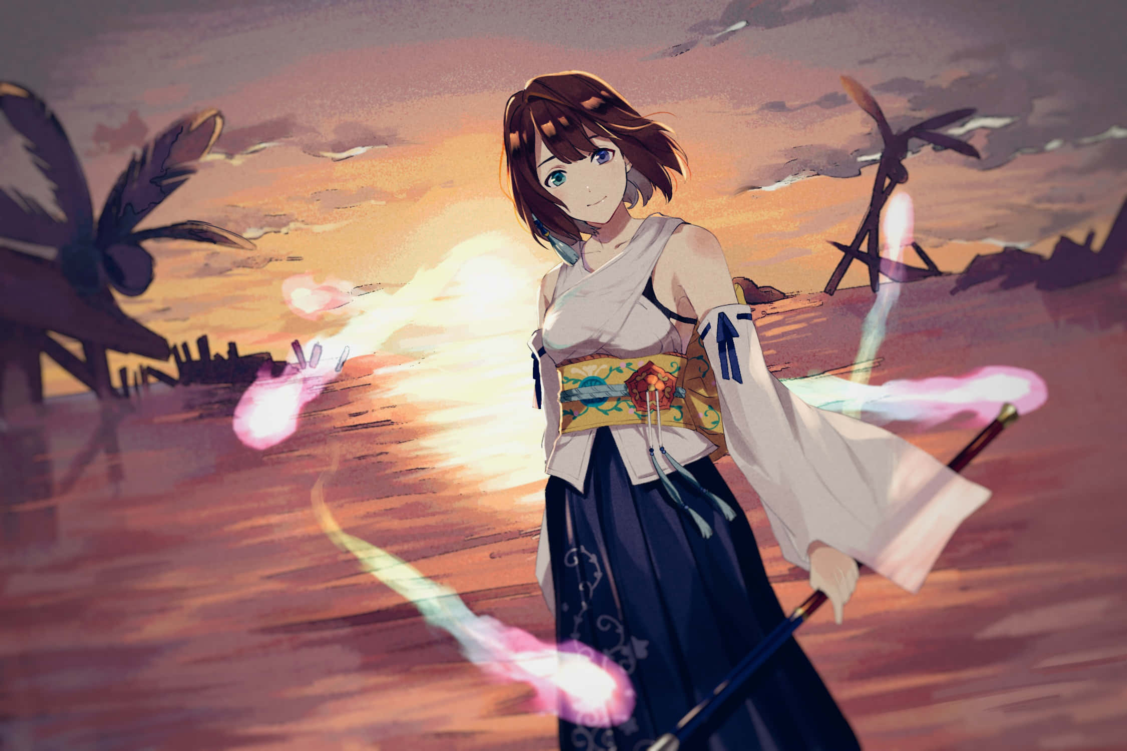 Final Fantasy Yuna, sunset beach, white and blue kimono, Full HD Desktop Wallpaper