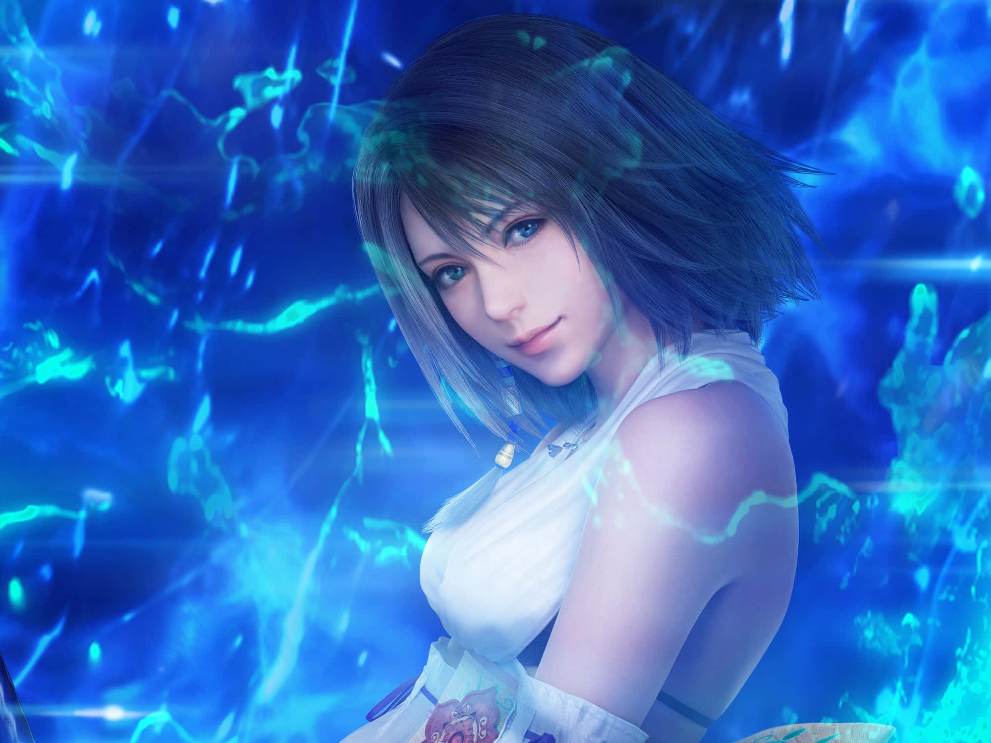 Final Fantasy Yuna, short dark hair, blue eyes, Full HD Desktop Wallpaper