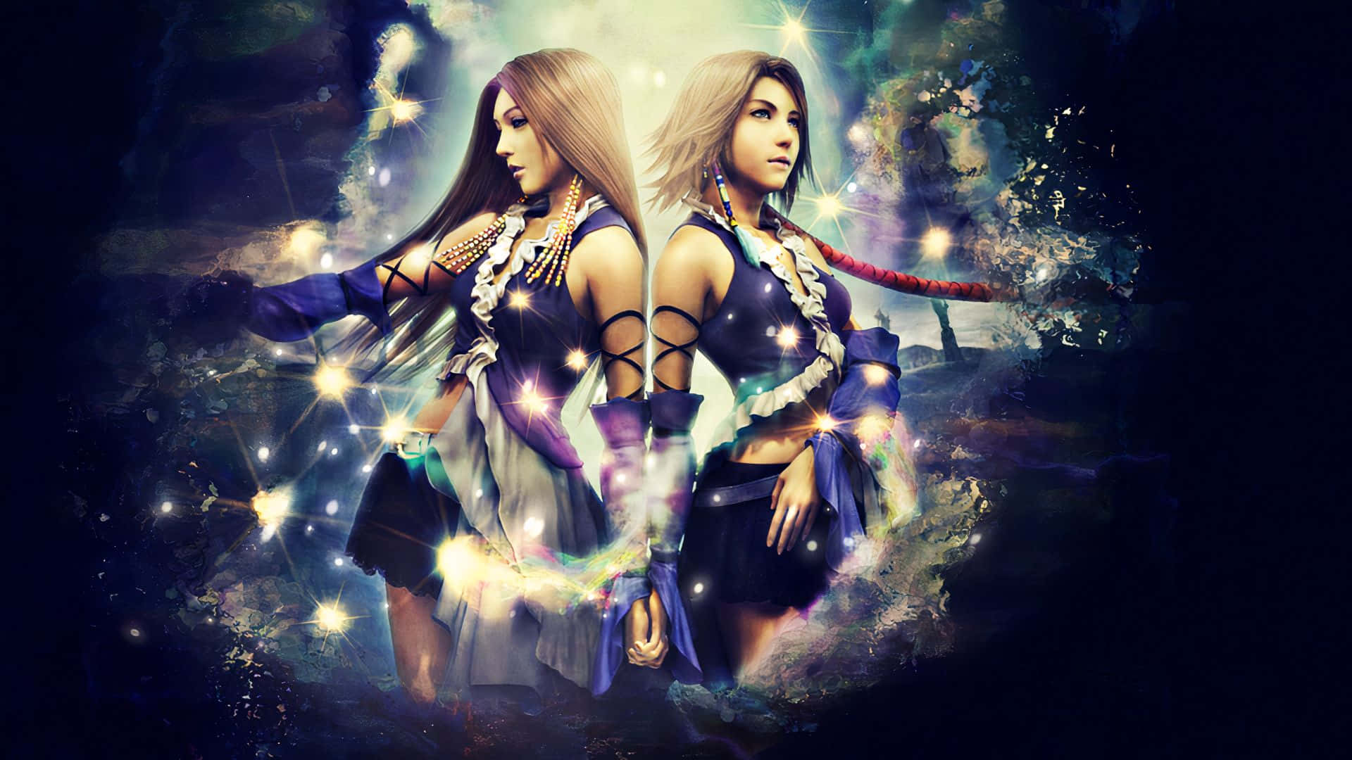 Final Fantasy Yuna, anime-style, glowing blue and purple outfits, Full HD Desktop Wallpaper