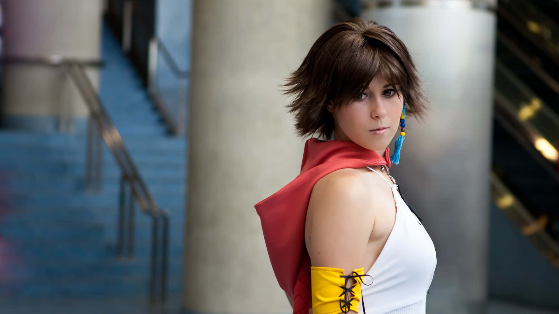 Final Fantasy Yuna, cosplay portrait, white top, Full HD Desktop Wallpaper