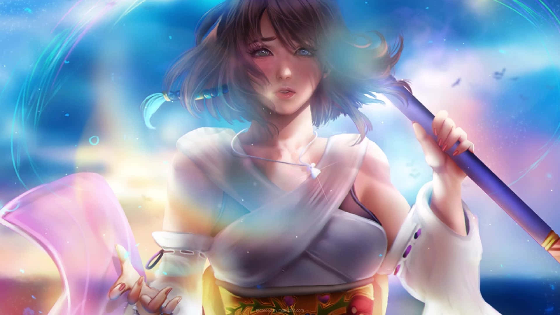 Final Fantasy Yuna, short brown hair, glowing staff, Full HD Desktop Wallpaper