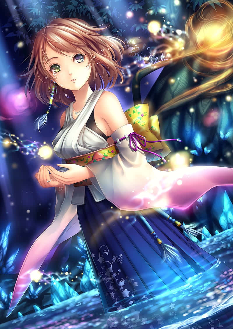 Final Fantasy Yuna, magical forest, glowing magical particles, SD Phone Wallpaper