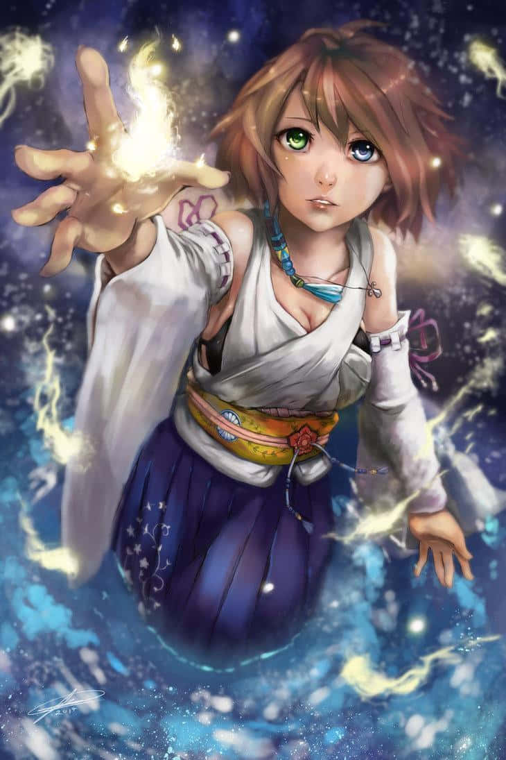 Final Fantasy Yuna, heterochromatic eyes, cosmic swirl, SD Phone Wallpaper
