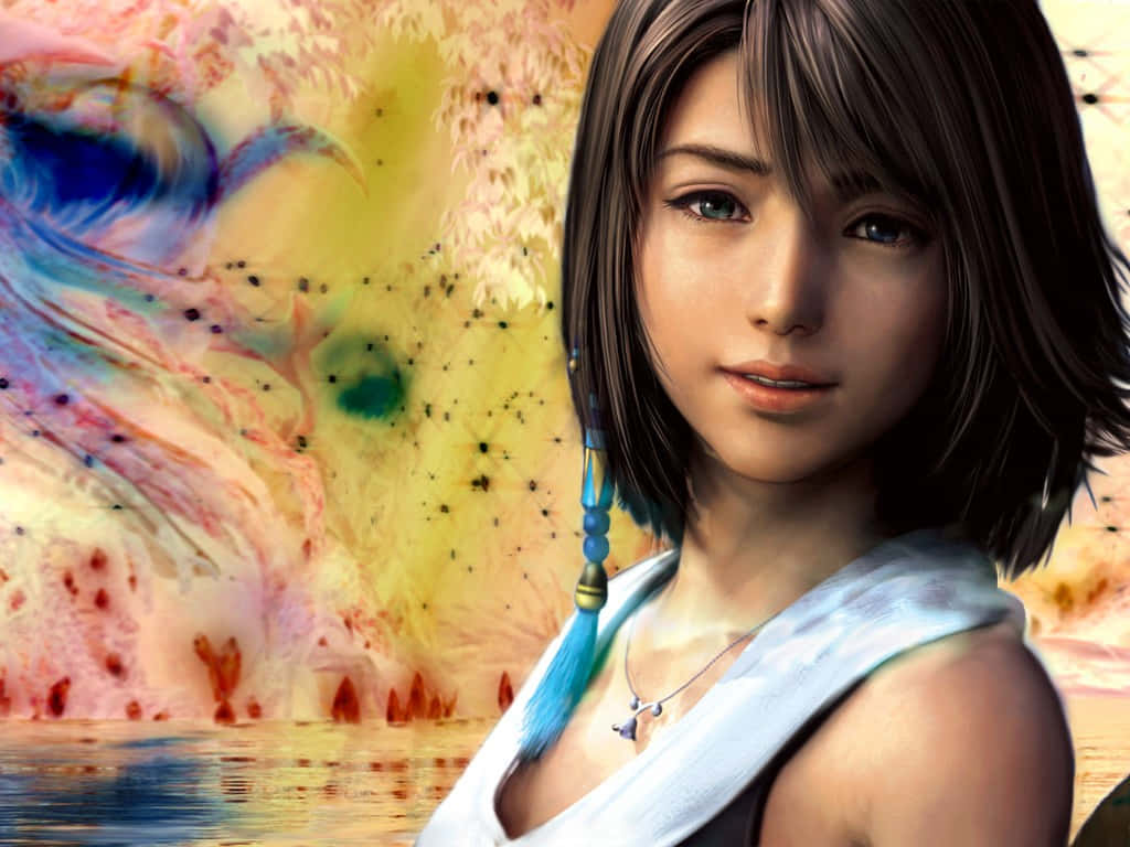 Final Fantasy Yuna, short brown hair, blue tassel earrings, SD Desktop Wallpaper