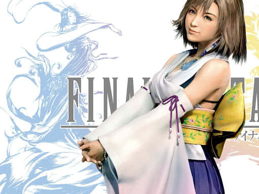 Final Fantasy Yuna, white and purple traditional robes, stylized blue witch illustration, SD Desktop Wallpaper