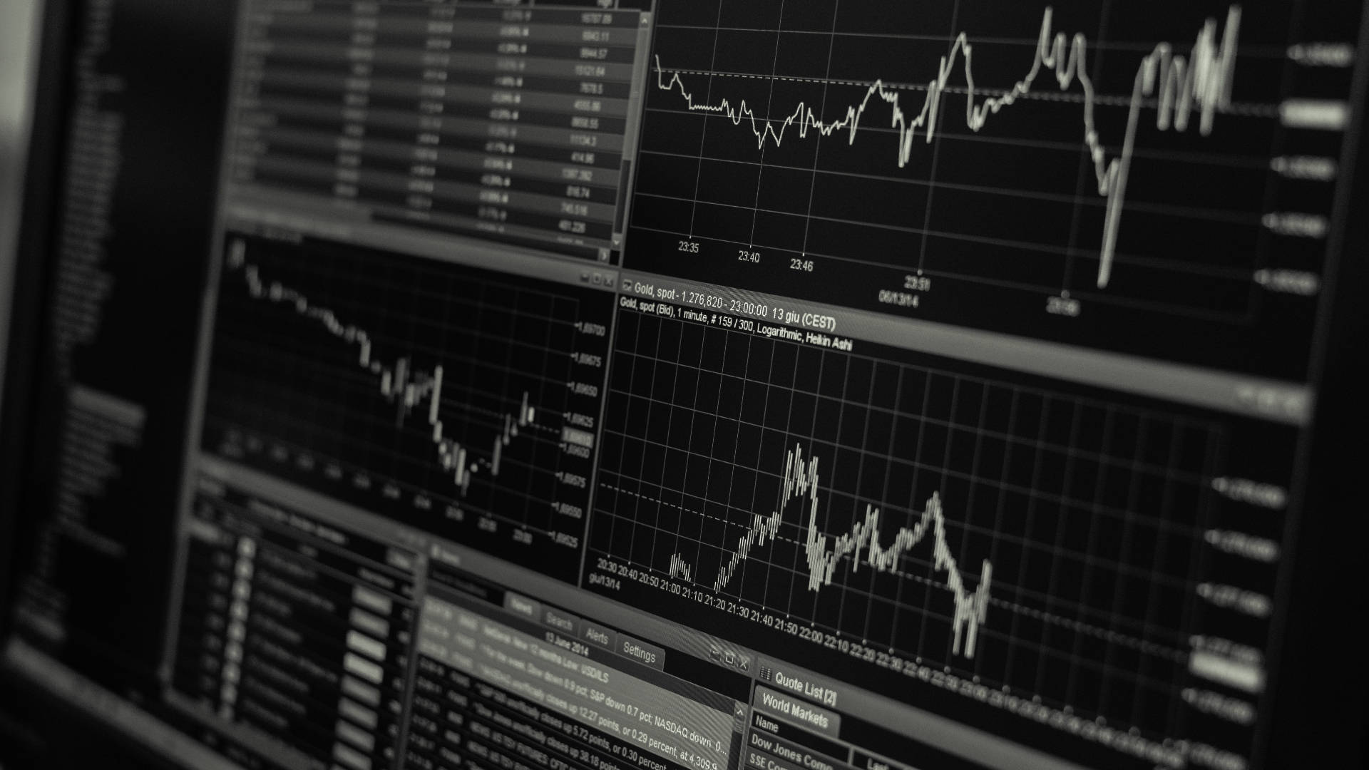 black and white forex trading graph, computer screens, fluctuating financial stock market charts, Full HD Desktop Wallpaper