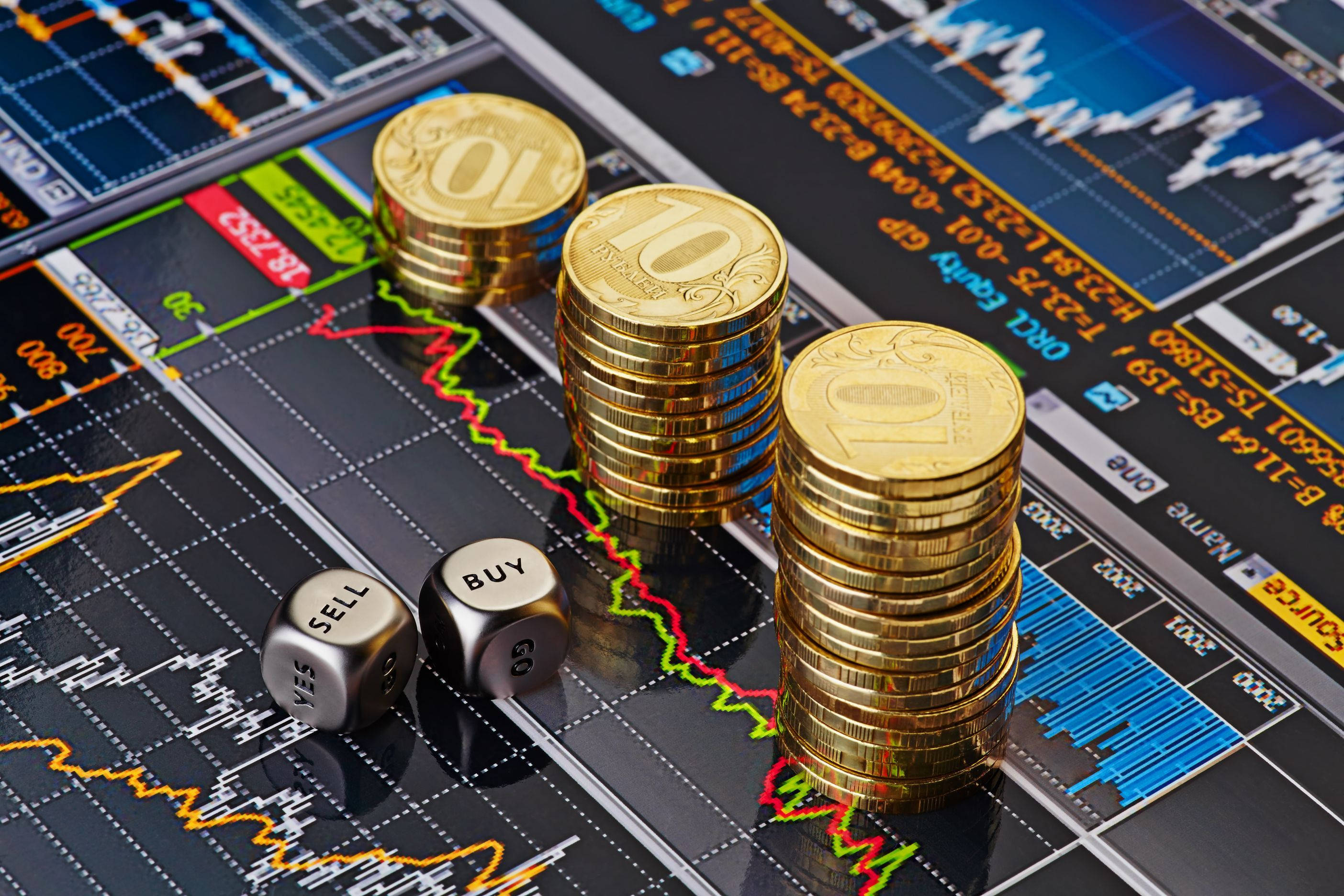 gold coins, digital stock chart, buy and sell dice, 2K Desktop Wallpaper