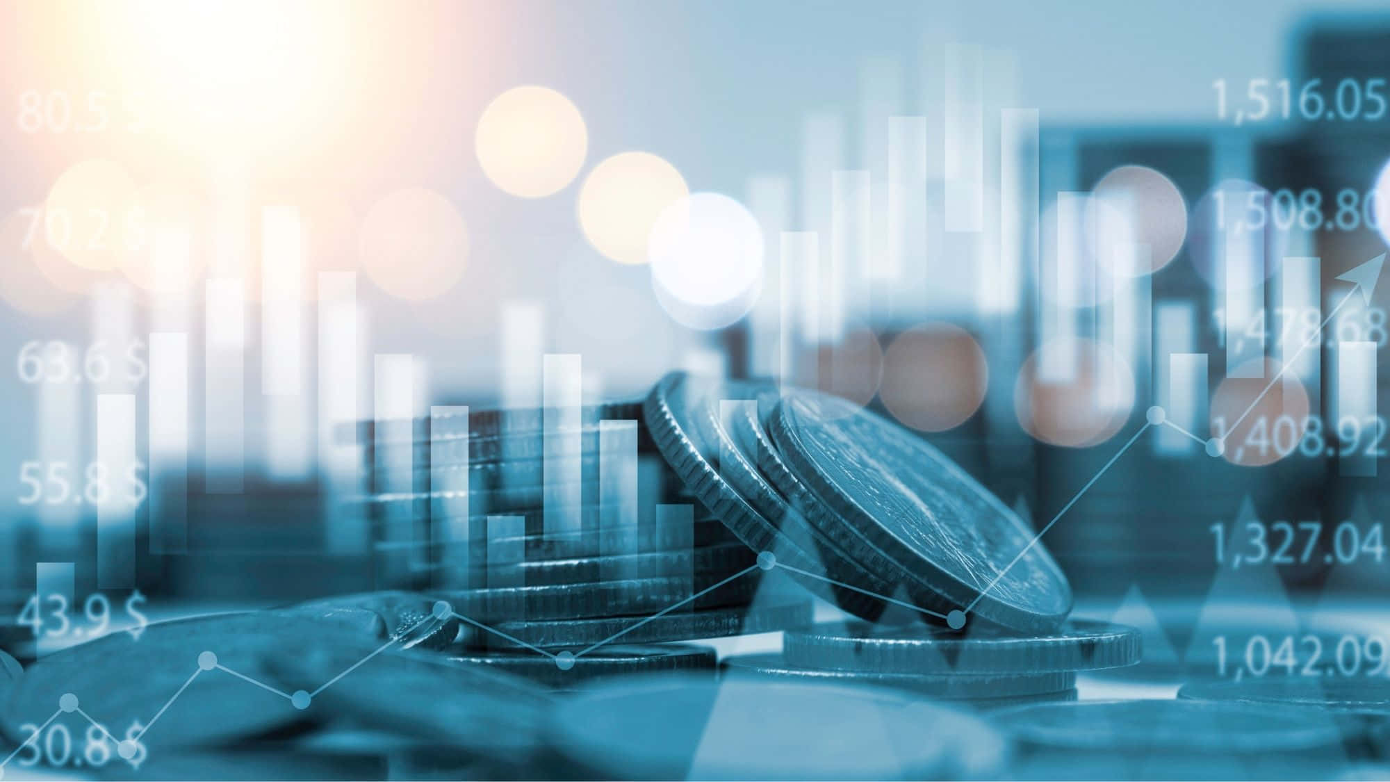 stacked coins, glowing financial charts, numbers, Full HD Desktop Wallpaper