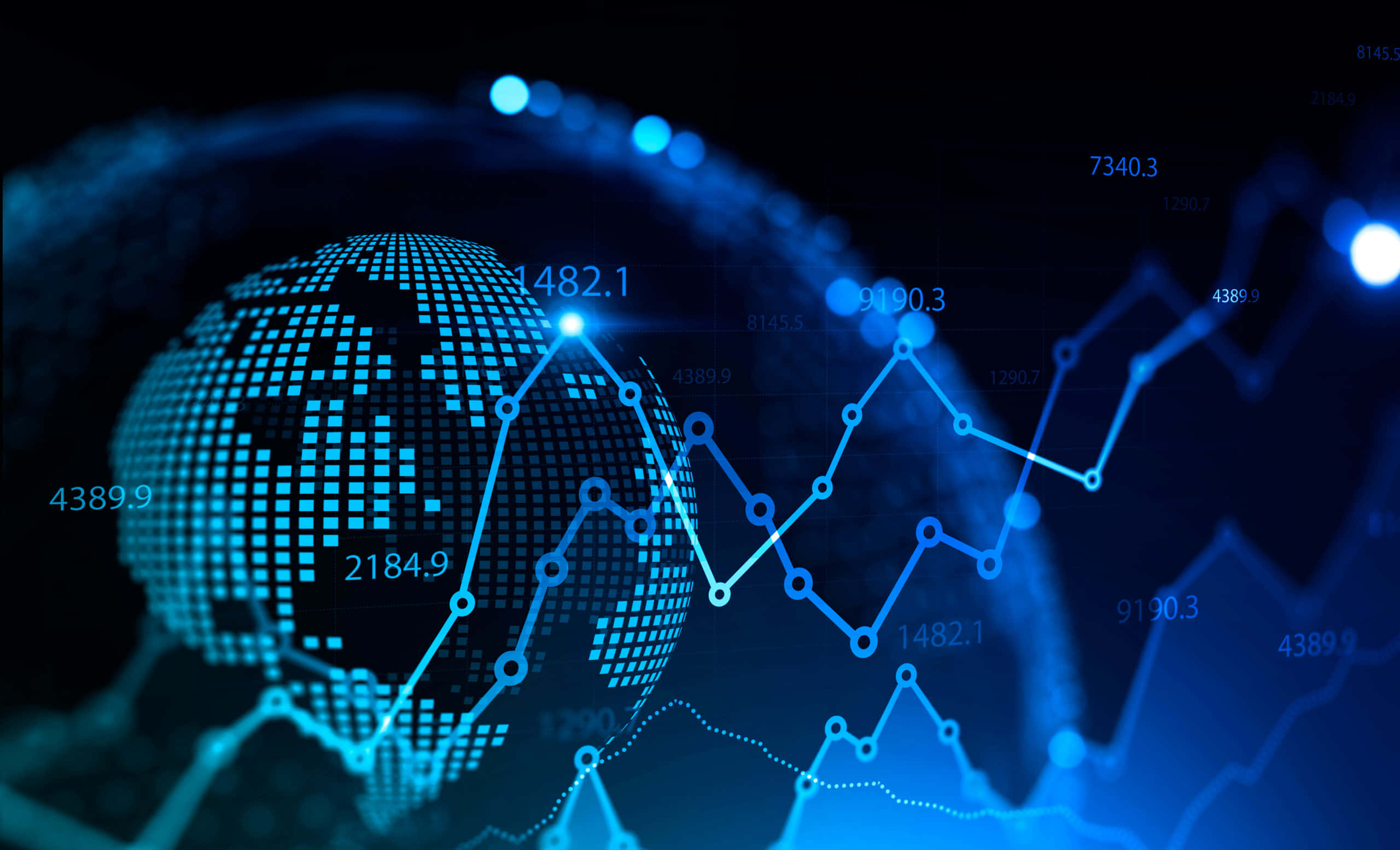 glowing blue digital globe, pixelated continents, dynamic financial line graphs, 2K Desktop Wallpaper