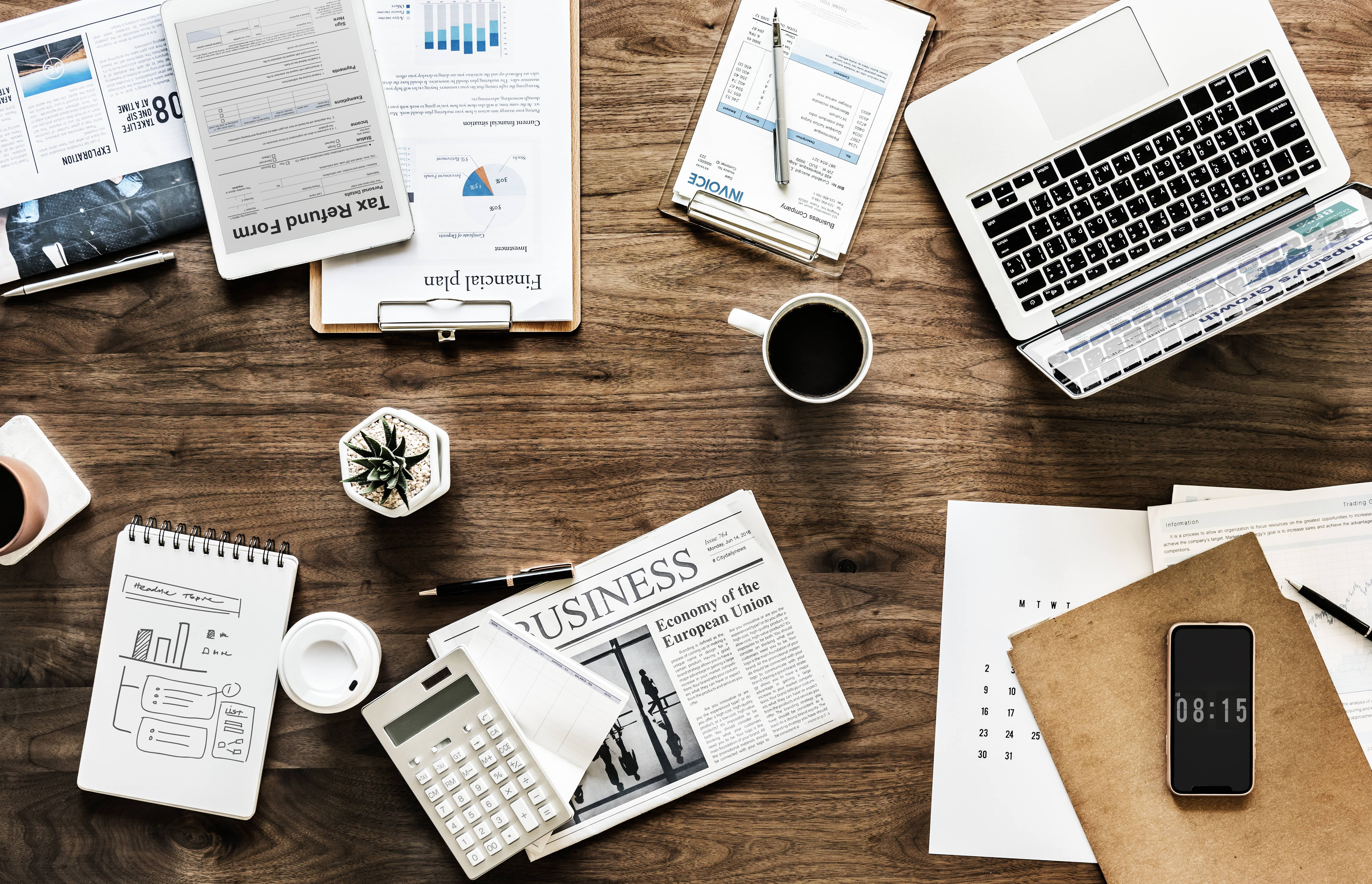 Finance Plan And Business Staff, wooden desk, laptop, 5K Desktop Wallpaper