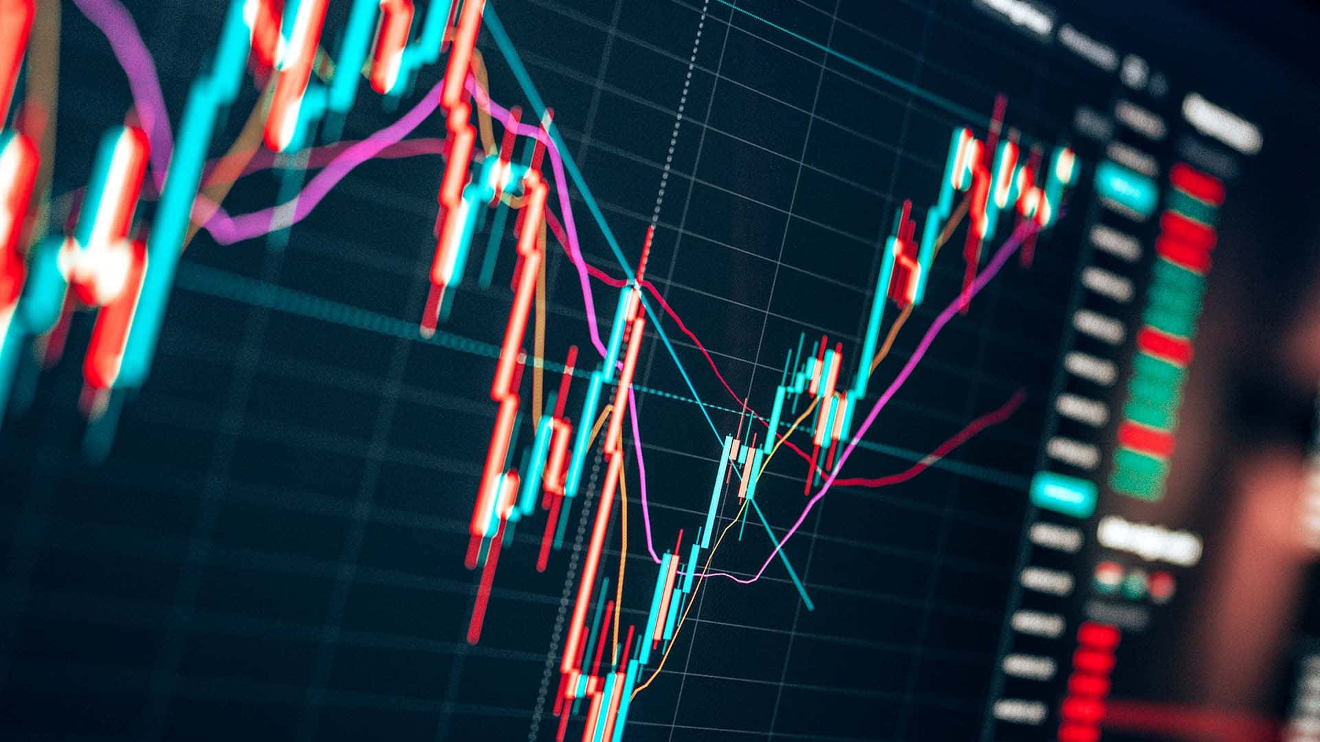 candlestick chart, glowing red and teal lines, dark screen, Full HD Desktop Wallpaper