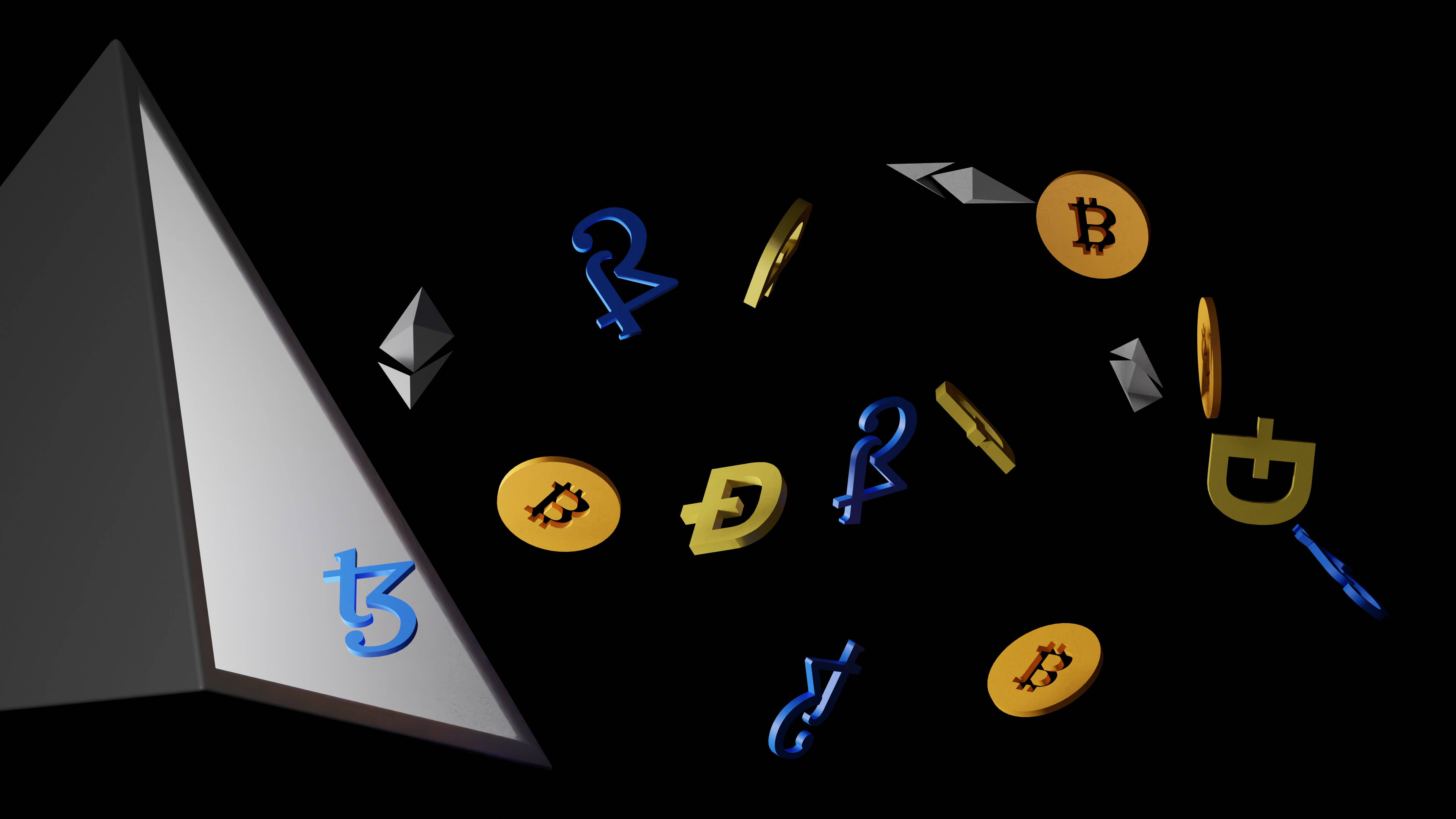 silver pyramid, 3d cryptocurrency symbols, black void, 5K Desktop Wallpaper