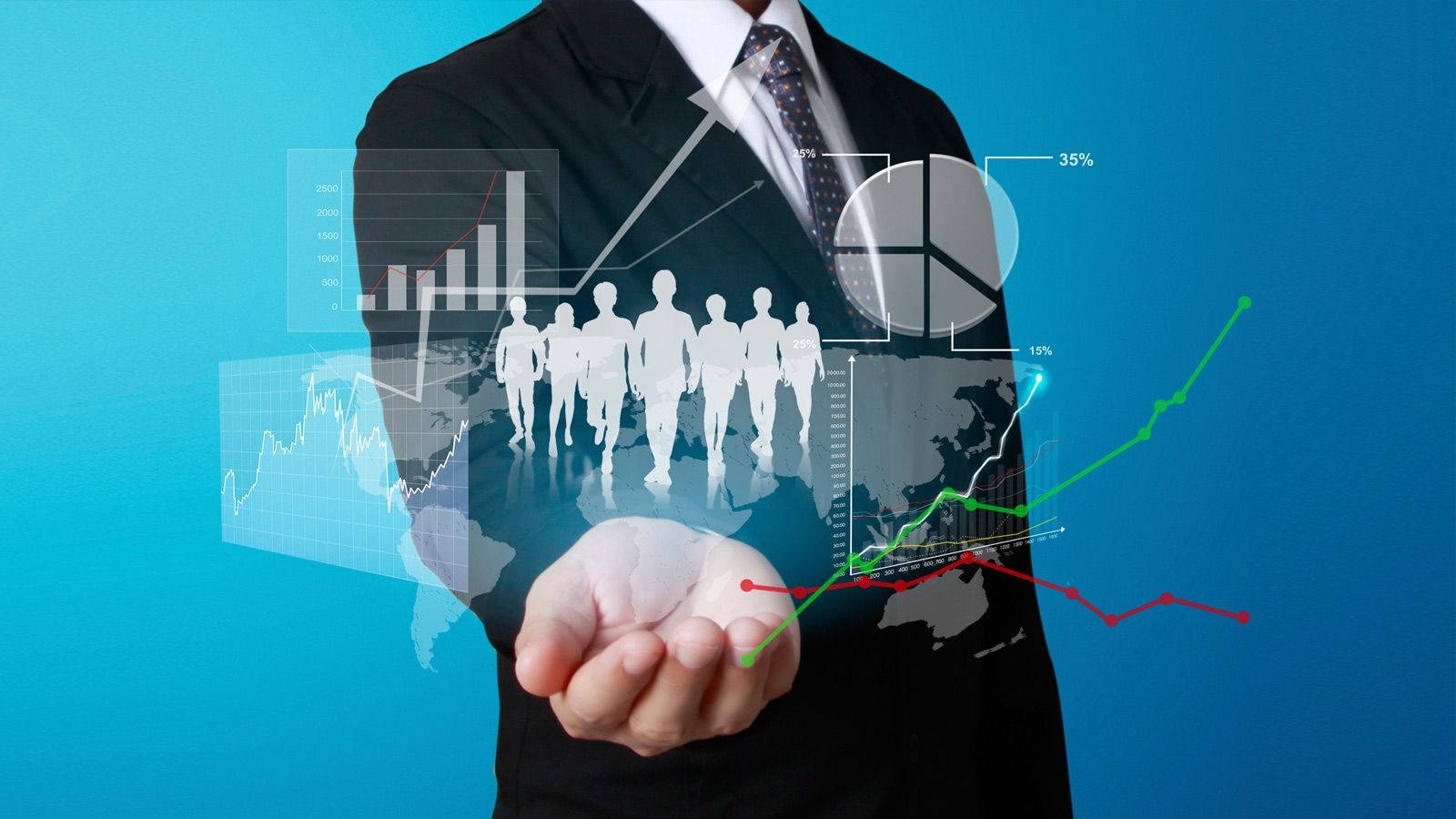 glowing holographic display, global data charts, walking silhouettes, HD Desktop Wallpaper