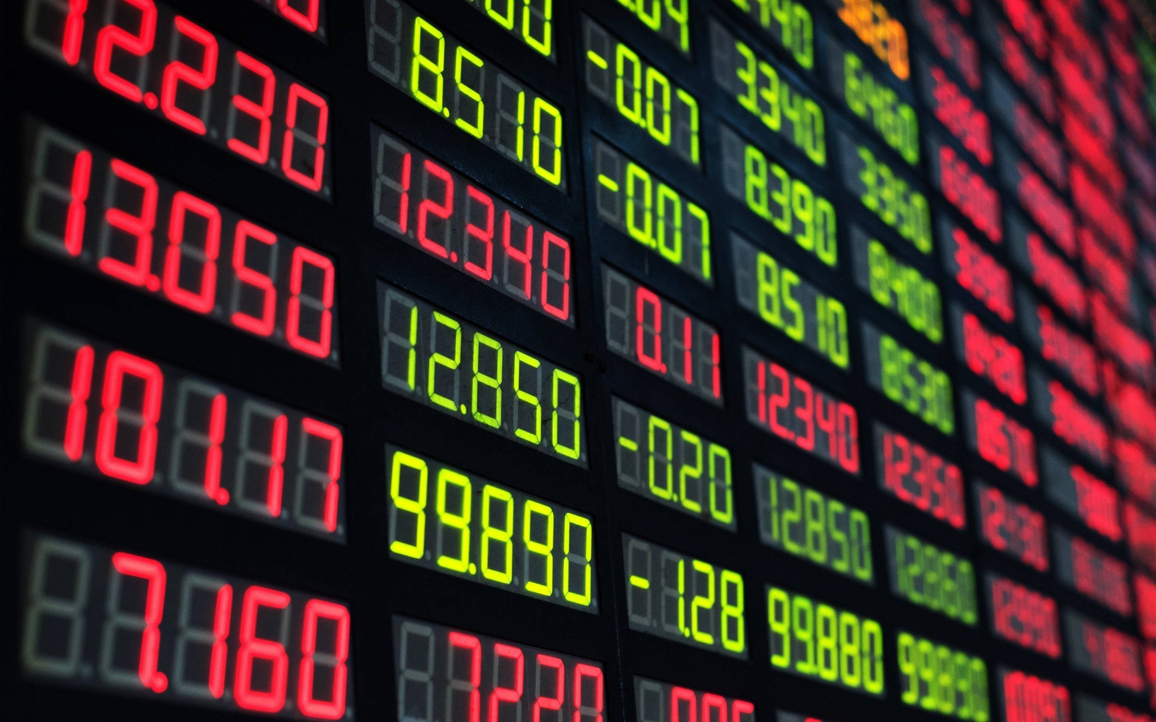 digital stock ticker, glowing red and green numbers, dark background, 4K Desktop Wallpaper