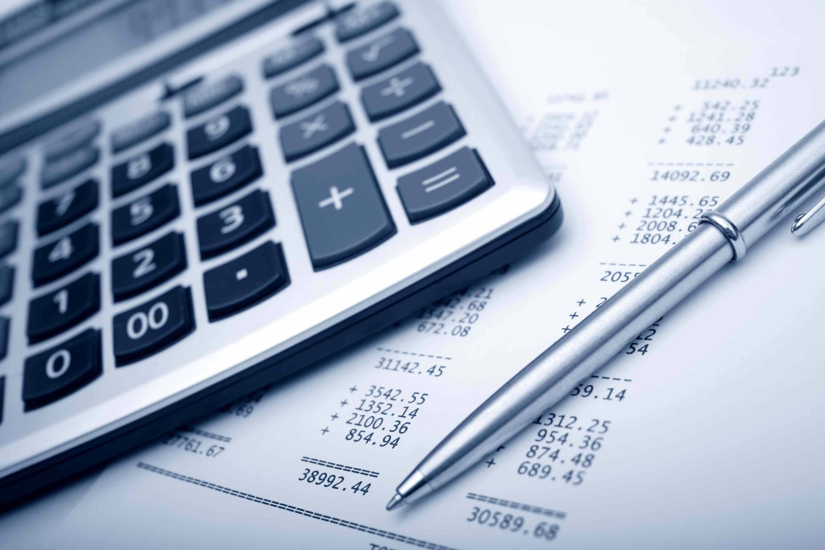 silver calculator, pen rest, financial documents, 2K Desktop Wallpaper