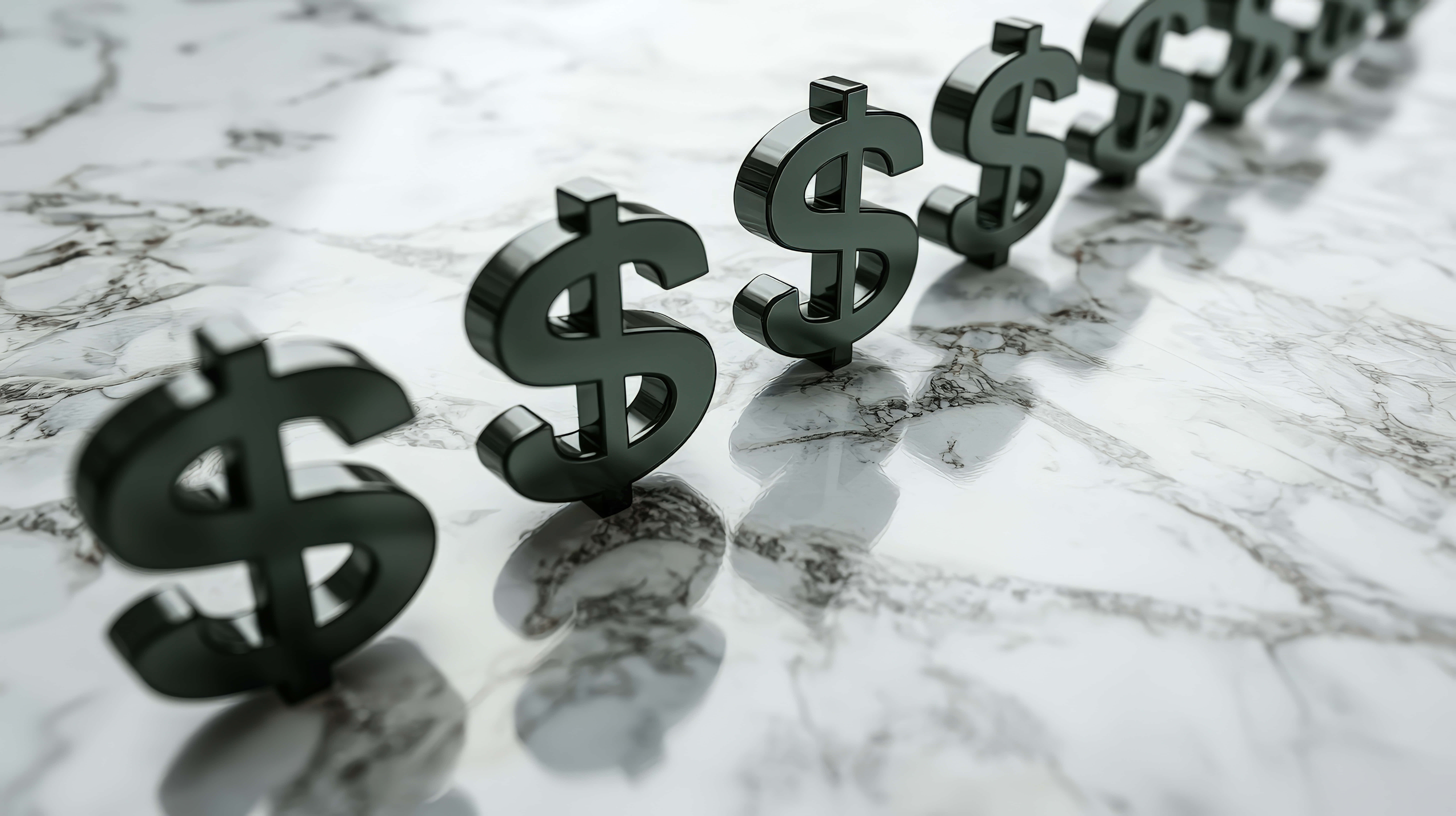 glossy black dollar signs, white marble surface, gray veining, 8K Desktop Wallpaper