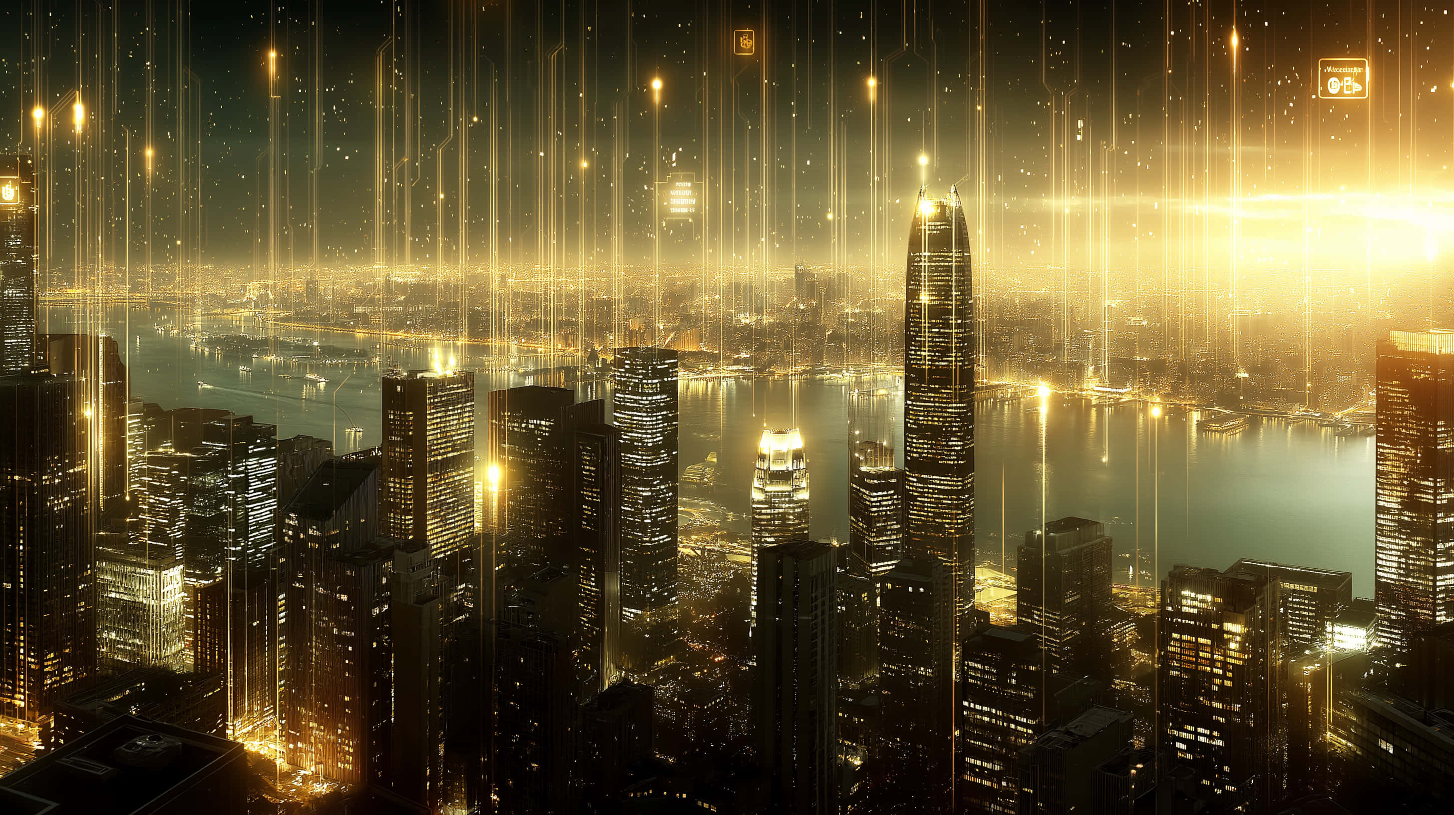 Digital Finance Skyline, futuristic cityscape, golden digital light beams, 2K Desktop Wallpaper