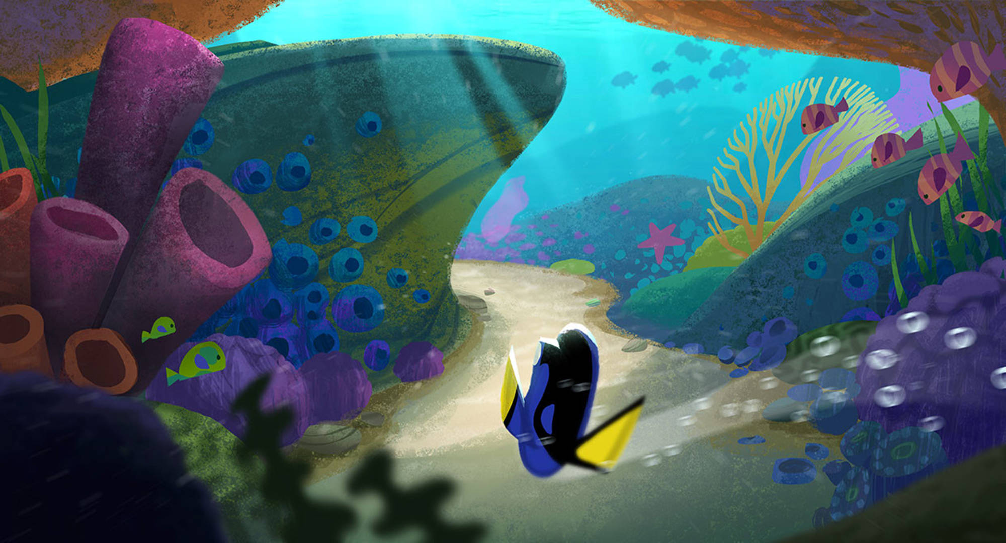 Finding Dory, blue and yellow fish, colorful coral, Full HD Desktop Wallpaper