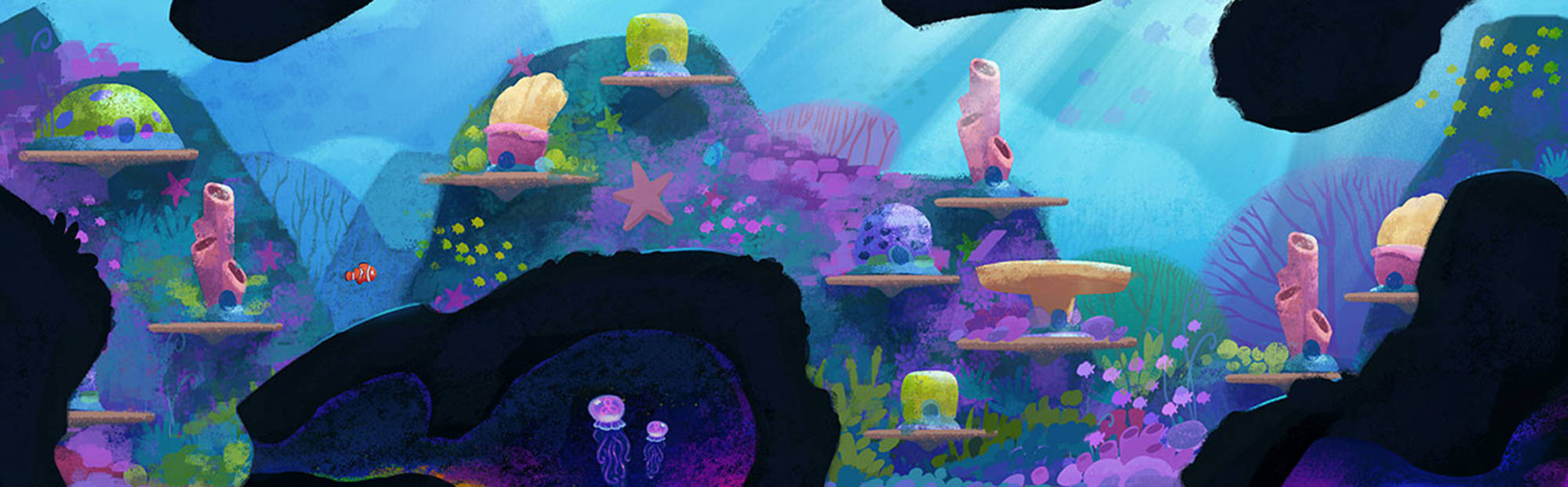 Finding Dory, 2D Coral Concept Art, colorful coral shelves, Full HD Desktop Wallpaper