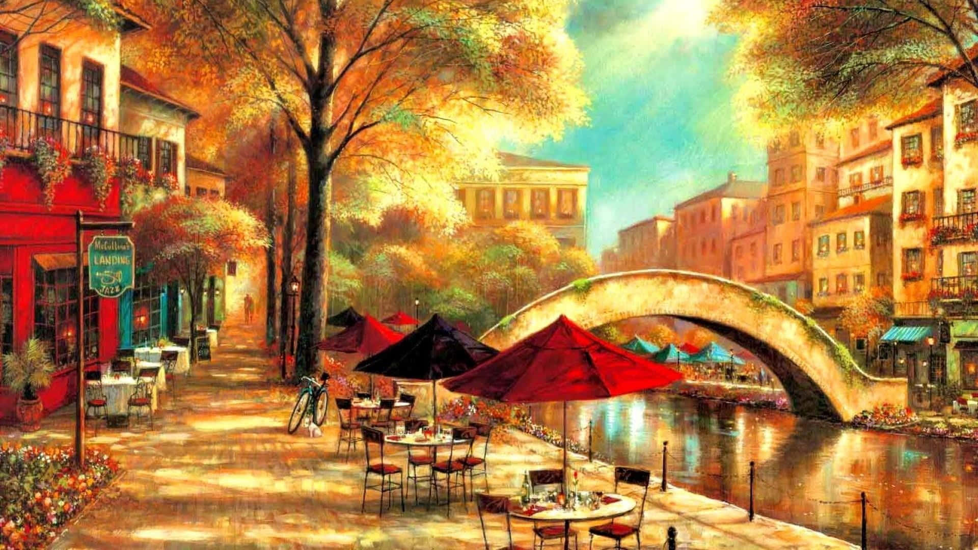 autumnal canal scene, red umbrellas, stone bridge, Full HD Desktop Wallpaper