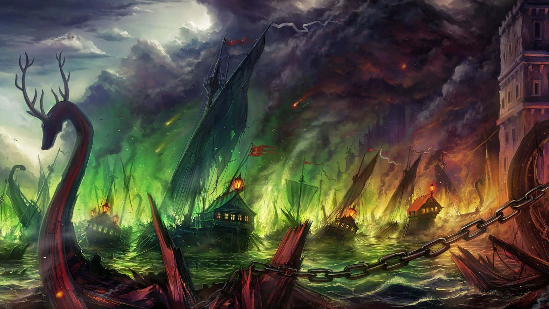 fine arts, giant deer-headed serpent, burning ships, Full HD Desktop Wallpaper