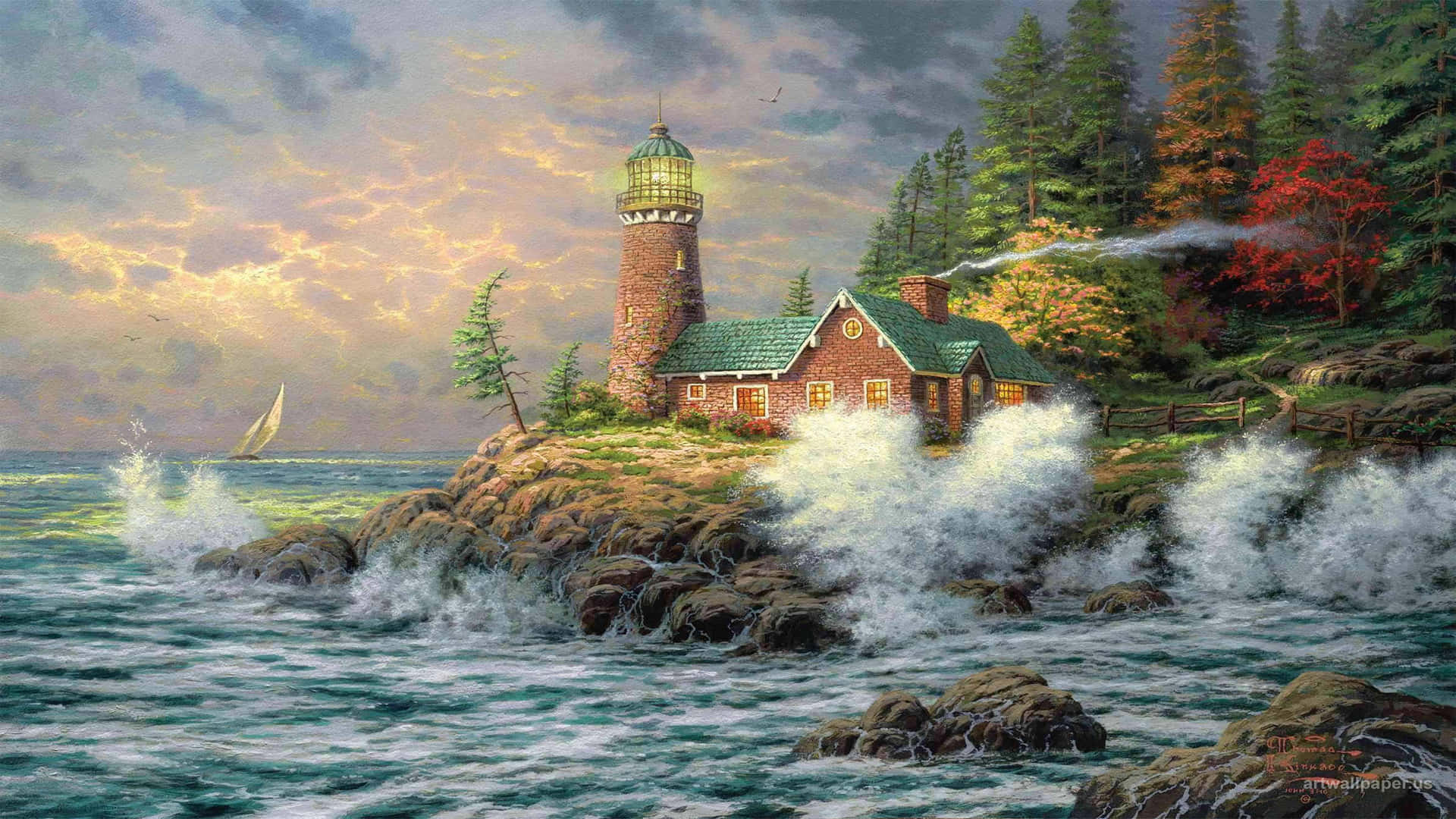lighthouse, keeper's house, rocky cliff, Full HD Desktop Wallpaper