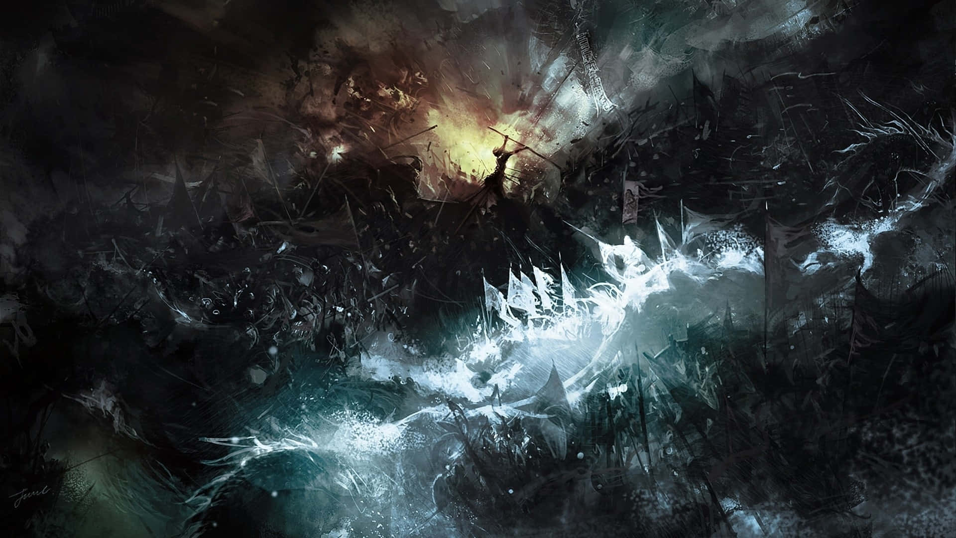Fine Arts, dark fantasy battle scene, glowing white energy, Full HD Desktop Wallpaper