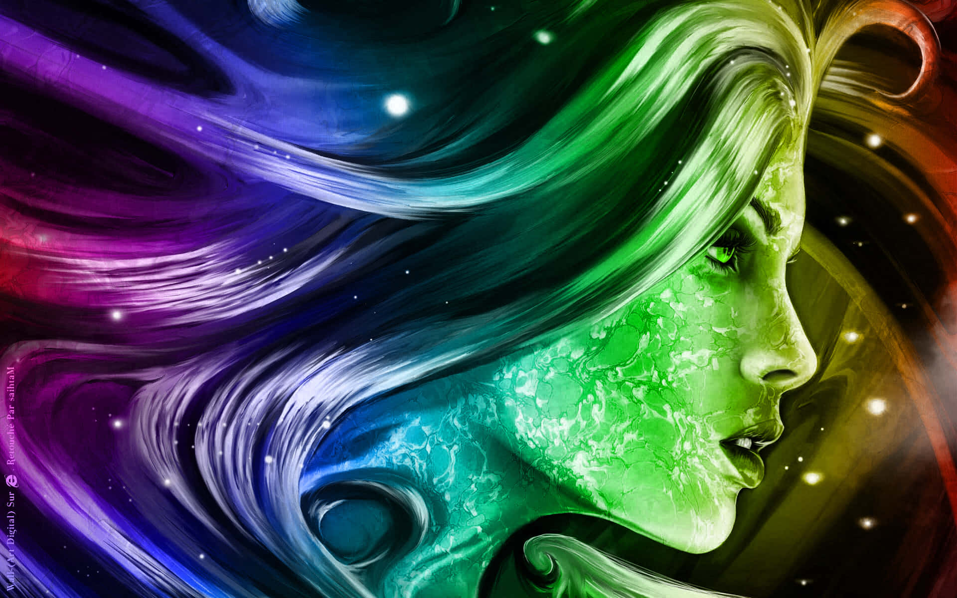 Fine Arts, green hair, cosmic swirls, Full HD Desktop Wallpaper