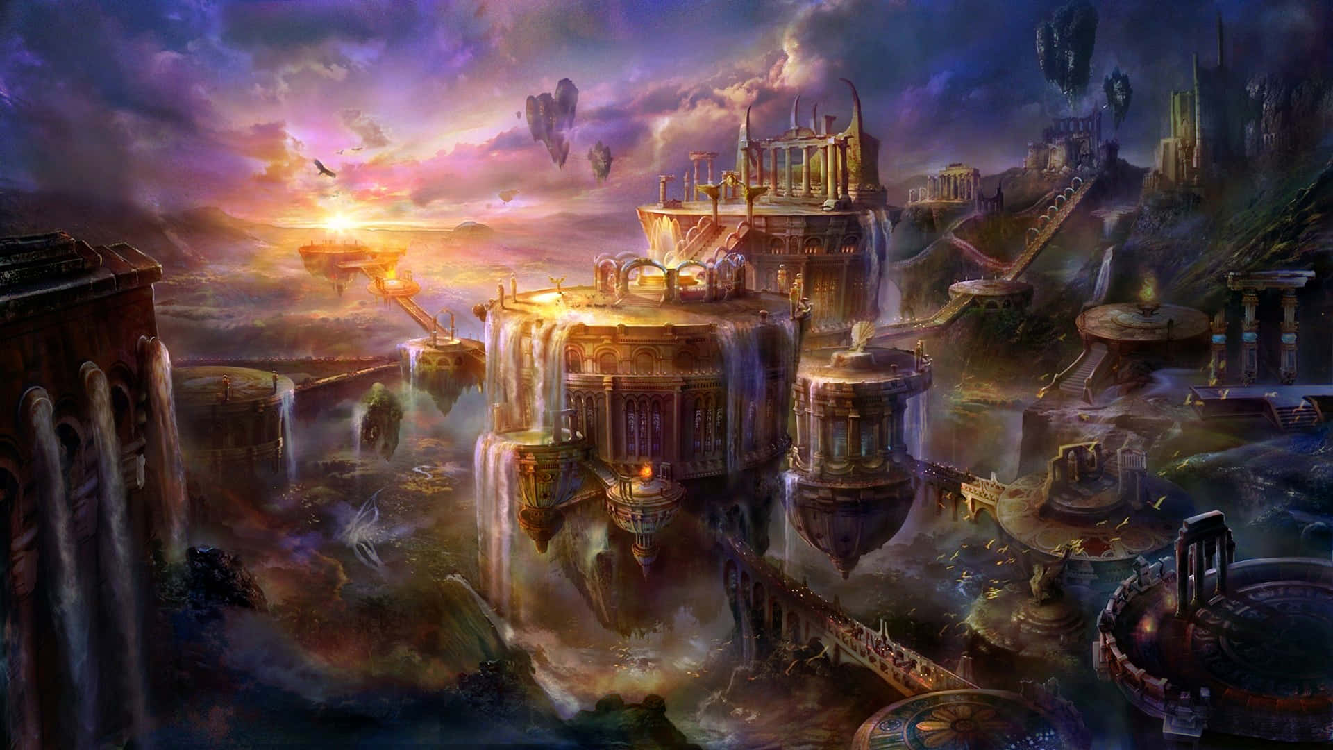 Fine Arts, floating fantasy city, cascading waterfalls, Full HD Desktop Wallpaper