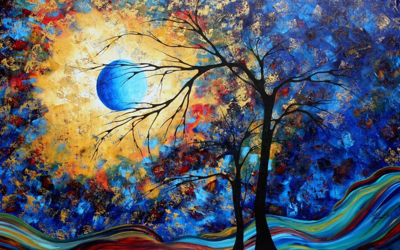 acrylic painting, silhouetted tree, bare branches, HD Desktop Wallpaper